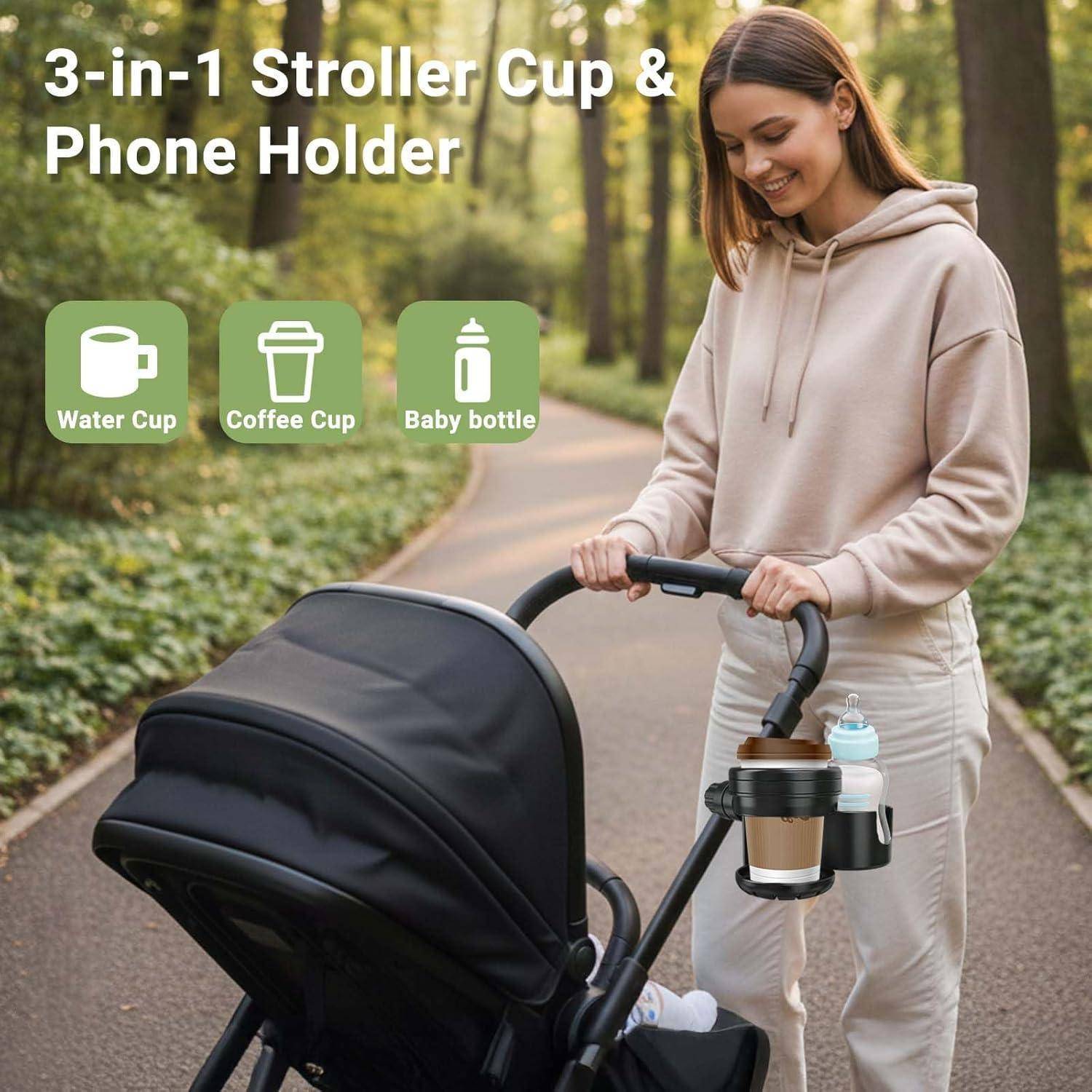 Frau, die einen Kinderwagen mit einem 3-in-1-Becher und Telefonhalter schiebt; der Text hebt die Verwendung für Wassertasse, Kaffeetasse und Babyflasche hervor.