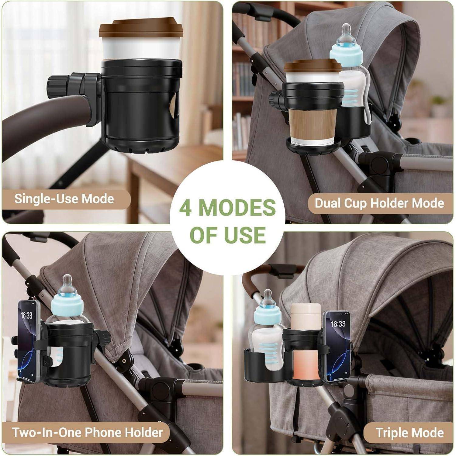 Werbegrafik eines Kinderwagen-Getränkehalters mit „4 VERWENDUNGSMODI