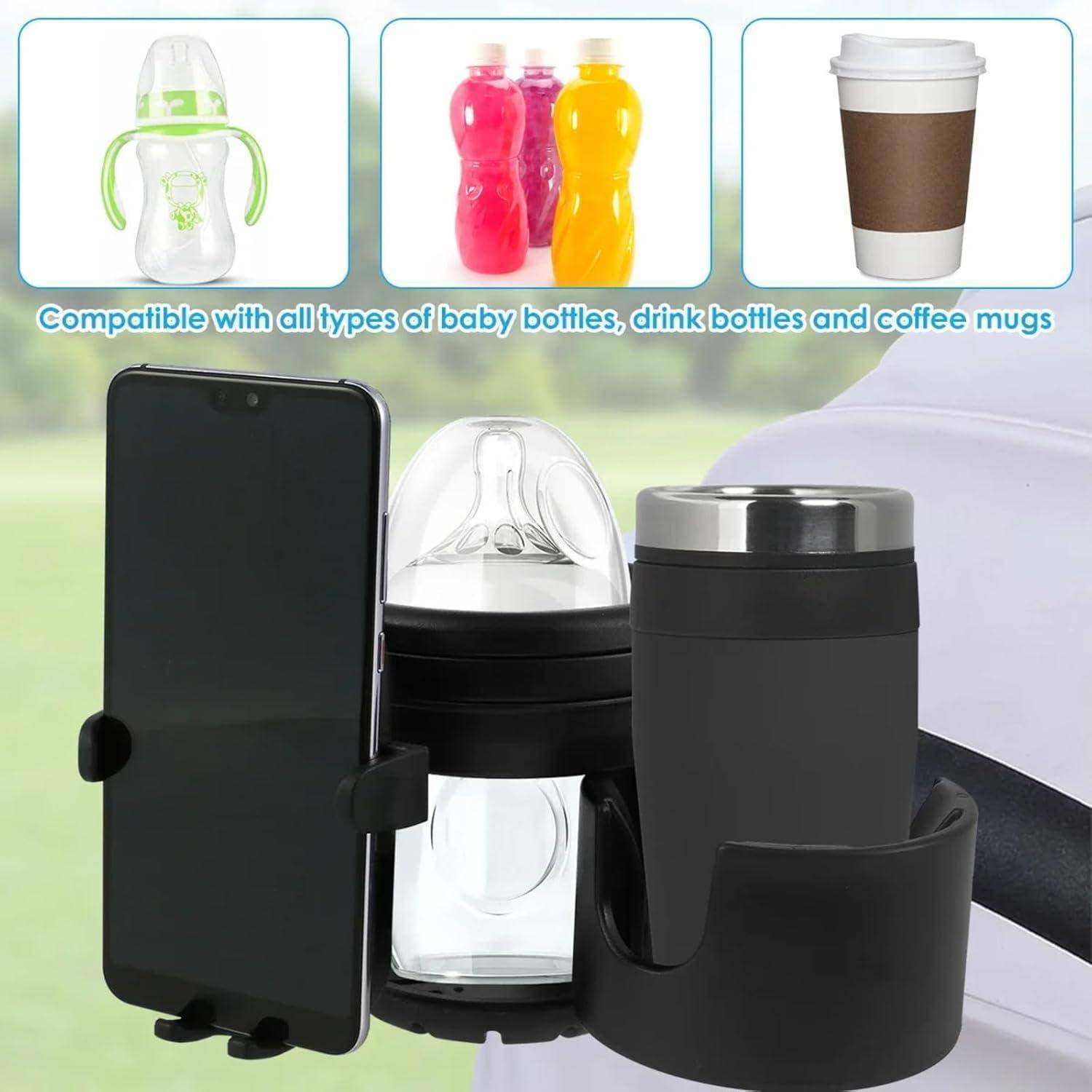 3-in-1 Becherhalter Clip-on Zubehör zum Halten eines Telefons und einer Babyflasche, gezeigt als kompatibel mit Babyflaschen, Trinkflaschen und Kaffeetassen.