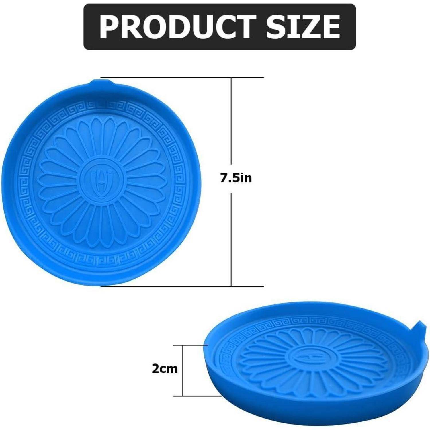Größendiagramm eines blauen runden Silikondeckels mit einem Durchmesser von 7,5 Zoll und einer Höhe von 2 cm.
