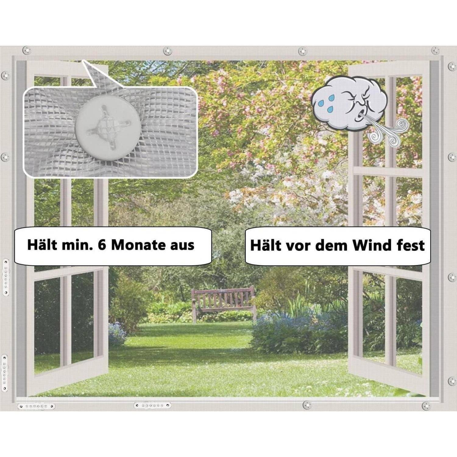 Illustrierter Fensterbildschirm, der einen Netzflicken und ein windiges Wolkensymbol zeigt; der Text besagt „Hält min. 6 Monate aus