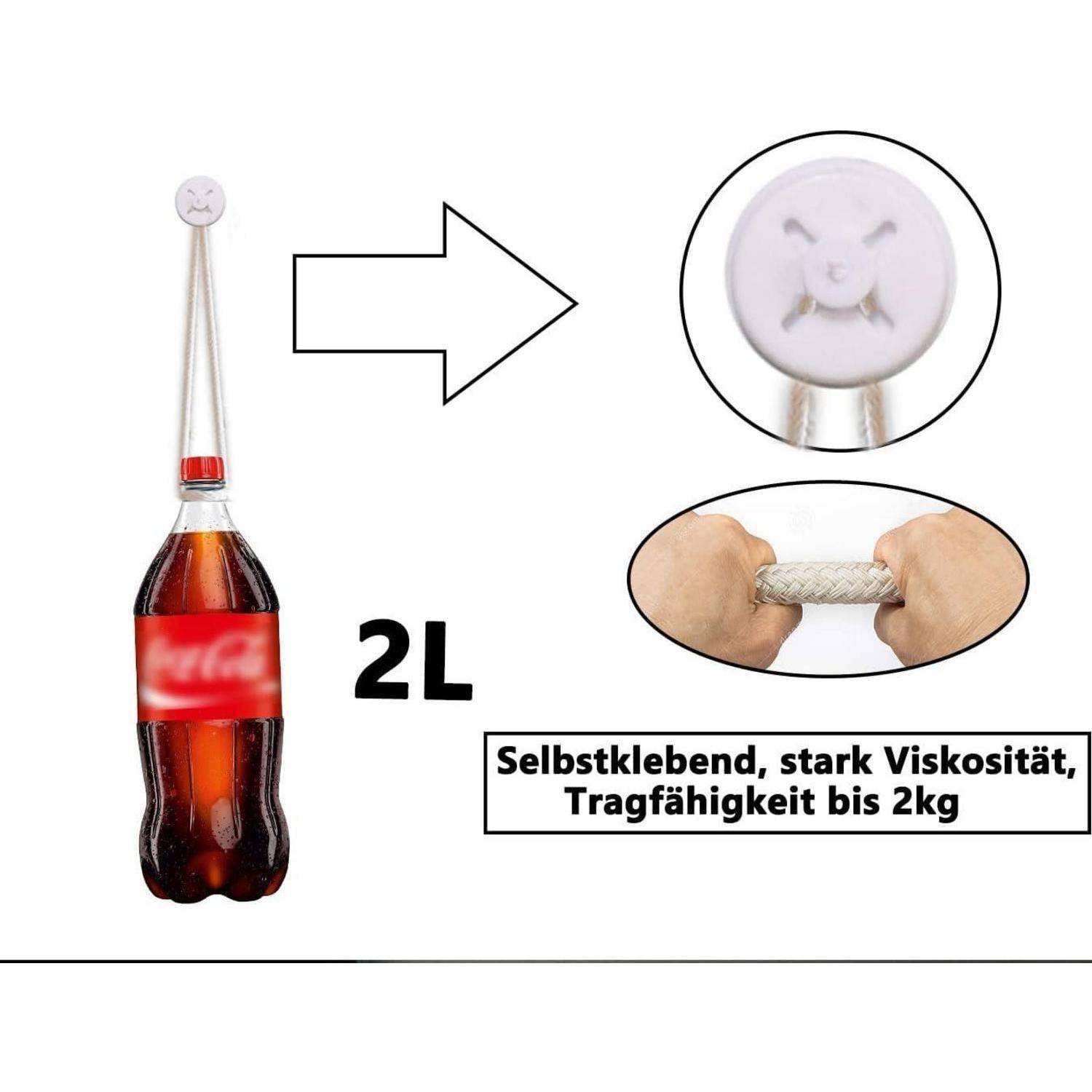 Selbstklebender Flaschenhalter für 2L-Flaschen, zeigt einen Kunststoffkappenhalter und Griffschlaufe aus geflochtenem Seil; Text besagt „Selbstklebend, hohe Viskosität, Tragfähigkeit bis 2kg