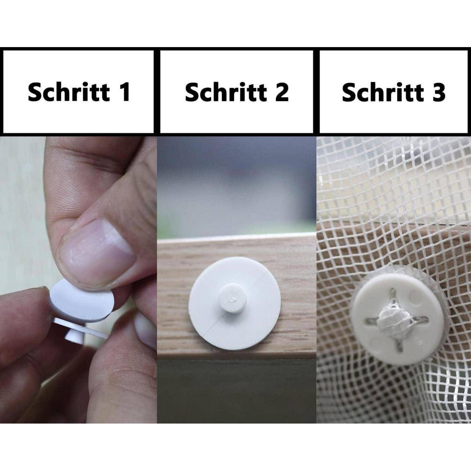 Dreiteiliges Bild zeigt, wie man einen runden Clip an Netzstoff befestigt: den Clip zusammendrücken, ihn auf einer Oberfläche platzieren und ihn dann durch die Maschenware festziehen.