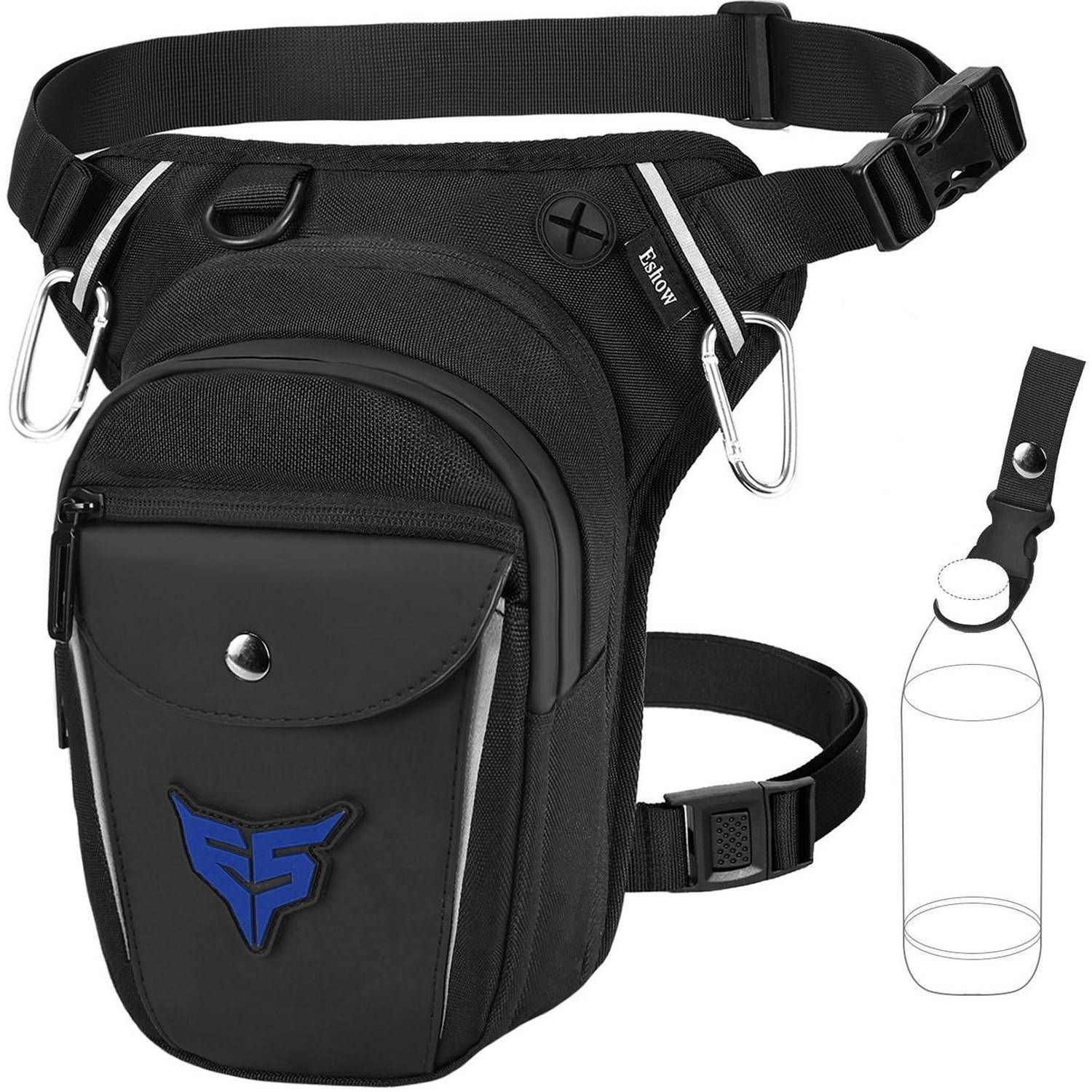 Schwarze taktische Oberschenkeltasche mit verstellbarem Gürtel und Oberschenkelriemen, Vordertasche und Flaschenhalter daneben abgebildet