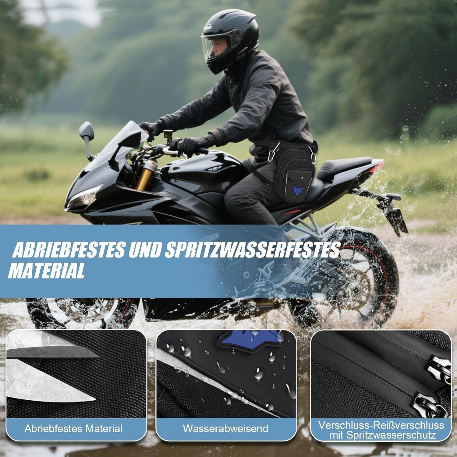 Motorradfahrer fährt mit einem schwarzen Sportmotorrad durchs Wasser; der Text besagt „Abriebfestes und spritzwasserfestes Material" mit Nahaufnahmen von verschleißfesten, wasserabweisenden, spritzwassergeschützten Merkmalen.