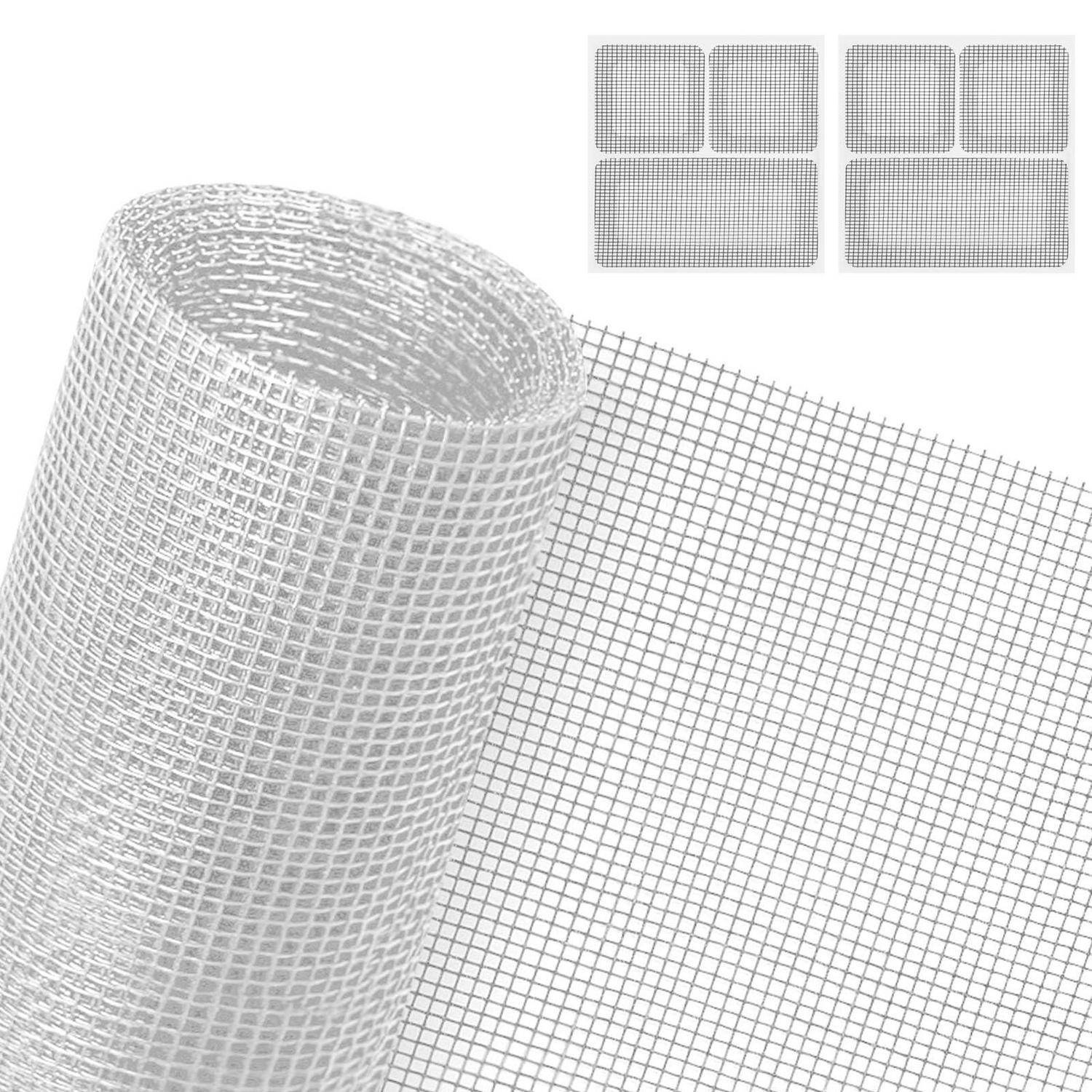 Rolle aus weißem Fiberglas-Maschensieb mit zwei Sätzen von Klebstoff-Reparaturflicken oben rechts gezeigt.