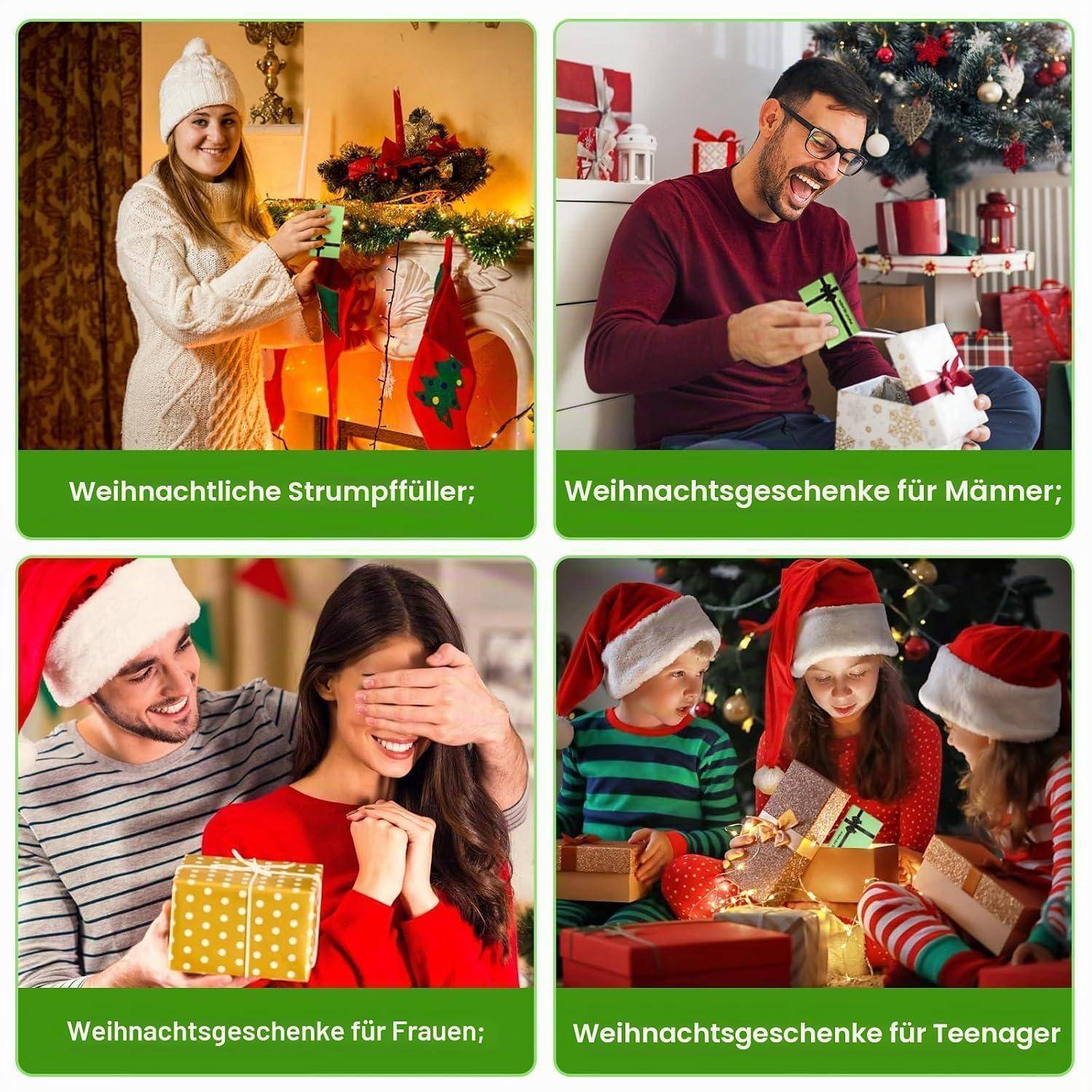 Ein 2x2 Kollage von Menschen, die Weihnachtsgeschenke auspacken, mit deutschen Beschriftungen für Strumpffüller, Geschenke für Männer, Frauen und Teenager.