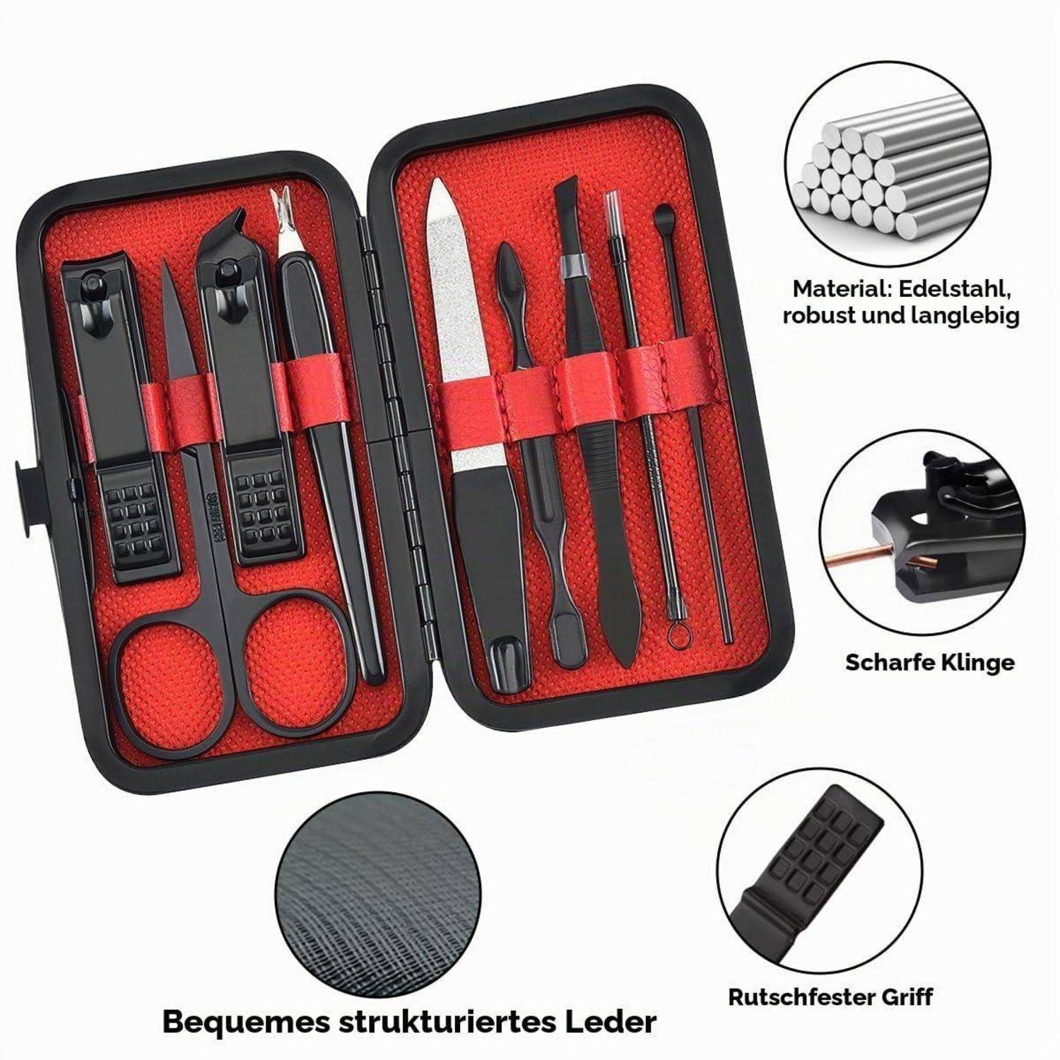Offenes Maniküre- und Pediküre-Set in einem schwarzen Koffer mit rotem Futter, das Nagelknipser, Schere, Feilen und Pinzetten zeigt; deutsche Etiketten heben Edelstahl, scharfe Klingen, strukturiertes Leder und rutschfesten Griff hervor.