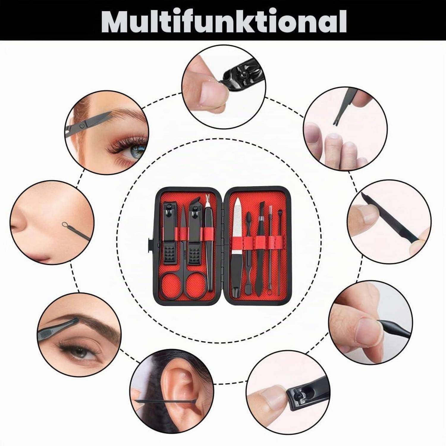 Multifunktionales Maniküre-Set, das in einem roten Koffer geöffnet angezeigt wird, umgeben von Nahaufnahmekreisen, die Grooming-Werkzeuge für Augenbrauen, Nägel, Ohren und Gesichtspflege demonstrieren.
