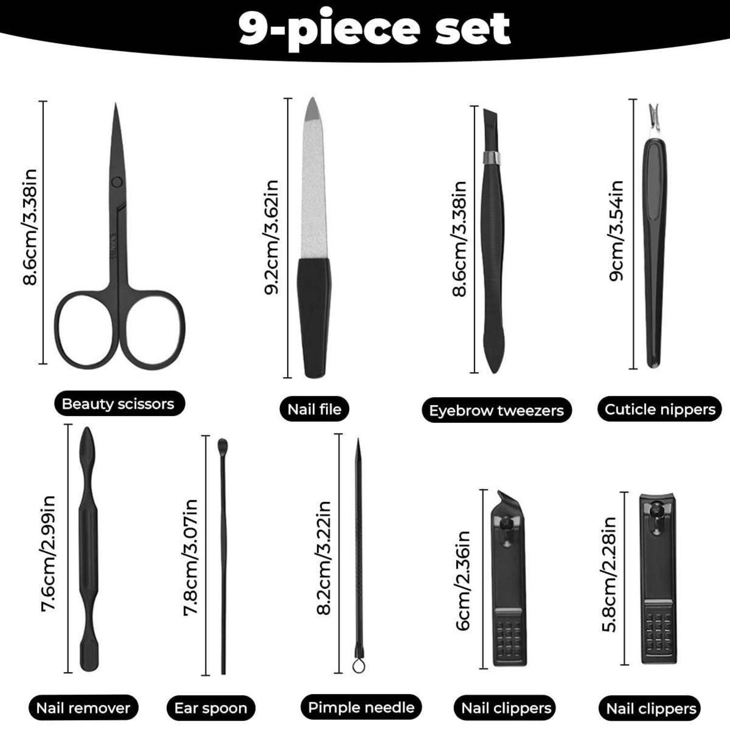 Illustration eines 9-teiligen Maniküre- und Pflegeset mit beschrifteten Werkzeugen: Schönheitsschere, Nagelfeile, Augenbrauenpinzette, Nagelhautzange, Nagelentferner, Ohrlöffel, Pickelnadel und zwei Nagelknipser, mit angezeigten Größen.
