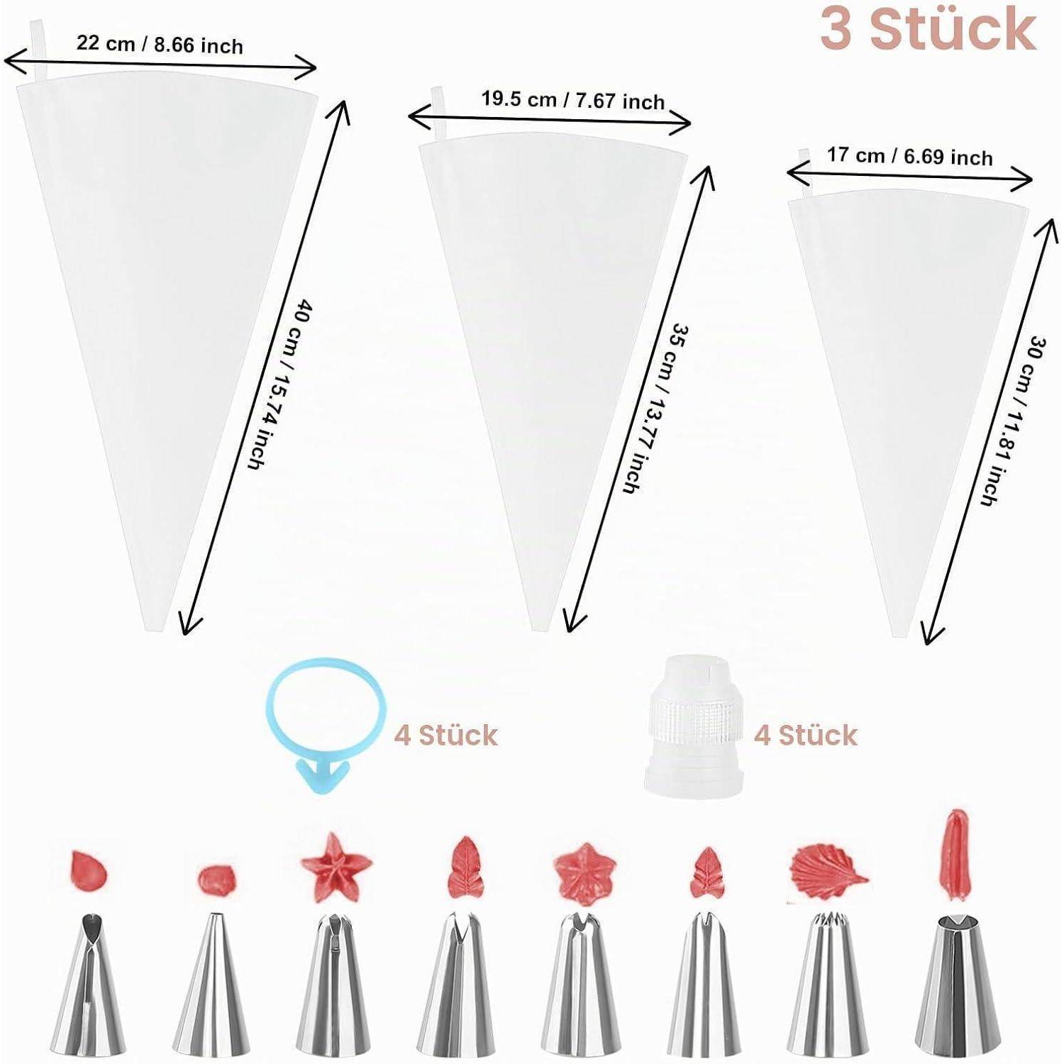 Diagramm von drei Spritzspitzenkegeln mit den Längen 22 cm, 19,5 cm und 17 cm, plus vier Kunststoffdüsen und vier Kupplungen mit der Kennzeichnung „4 Stück
