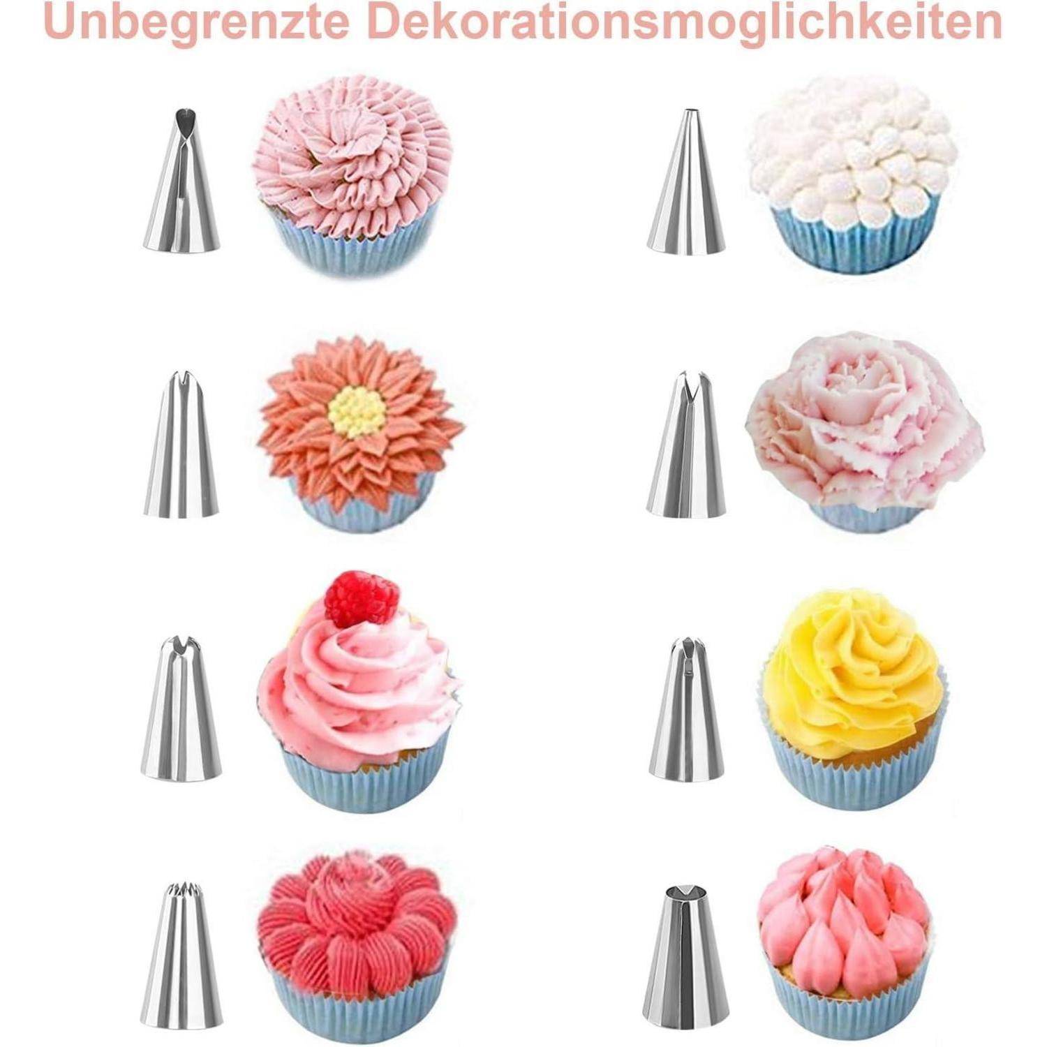 Unbegrenzte Dekorationsmöglichkeiten über acht Cupcakes mit verschiedenen blumenartigen Zuckergussdesigns und Spritztüllen, die Dekorieroptionen zeigen.