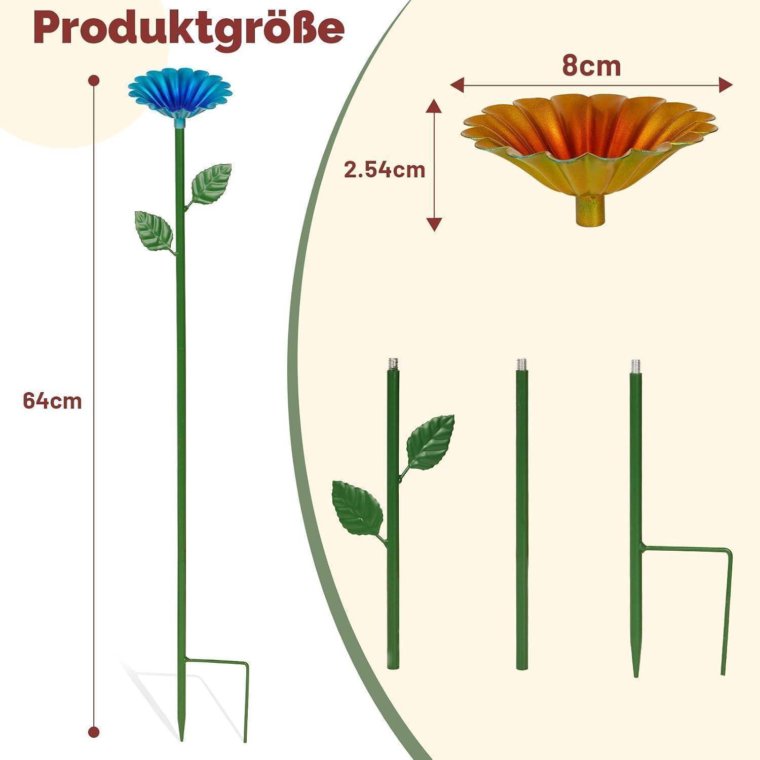 Größendiagramm eines blumenförmigen Gartenpfostens: Gesamthöhe 64 cm, Blütenspitze 8 cm breit und 2,54 cm hoch, mit Nahaufnahmen des Stiels und der Stützschenkel.