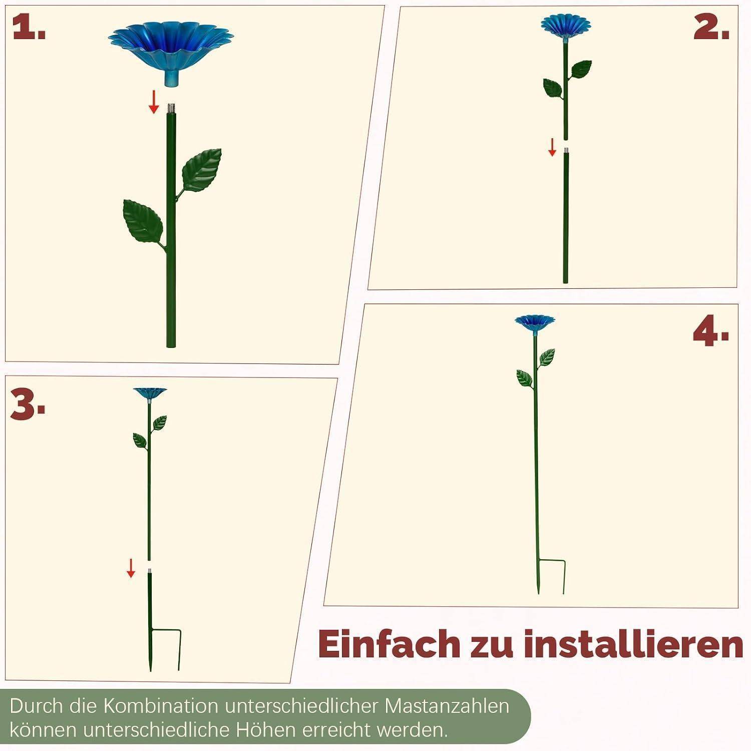 Vier-Schritte-Diagramm, das zeigt, wie man einen verstellbaren blütenförmigen Pfahl durch Verbindung von Pfahlabschnitten zusammenbaut, um unterschiedliche Höhen zu erreichen; der deutsche Text sagt „Einfach zu installieren