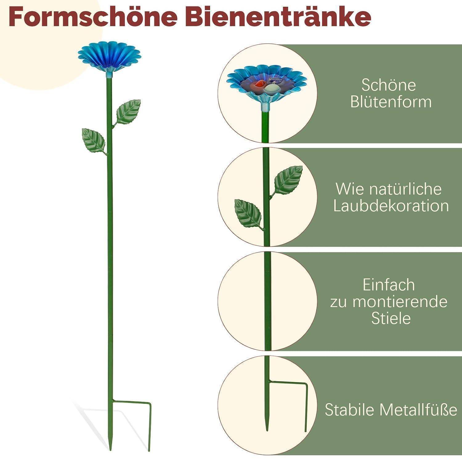 Infografik eines Bienentrinkhalms mit blauer Blumenspitze, Blattdekoration, einfachem Stiel und Metallfuß; Beschriftungen heben die Blumenform, natürliche Blattdekoration, einfache Montage und stabile Basis hervor.