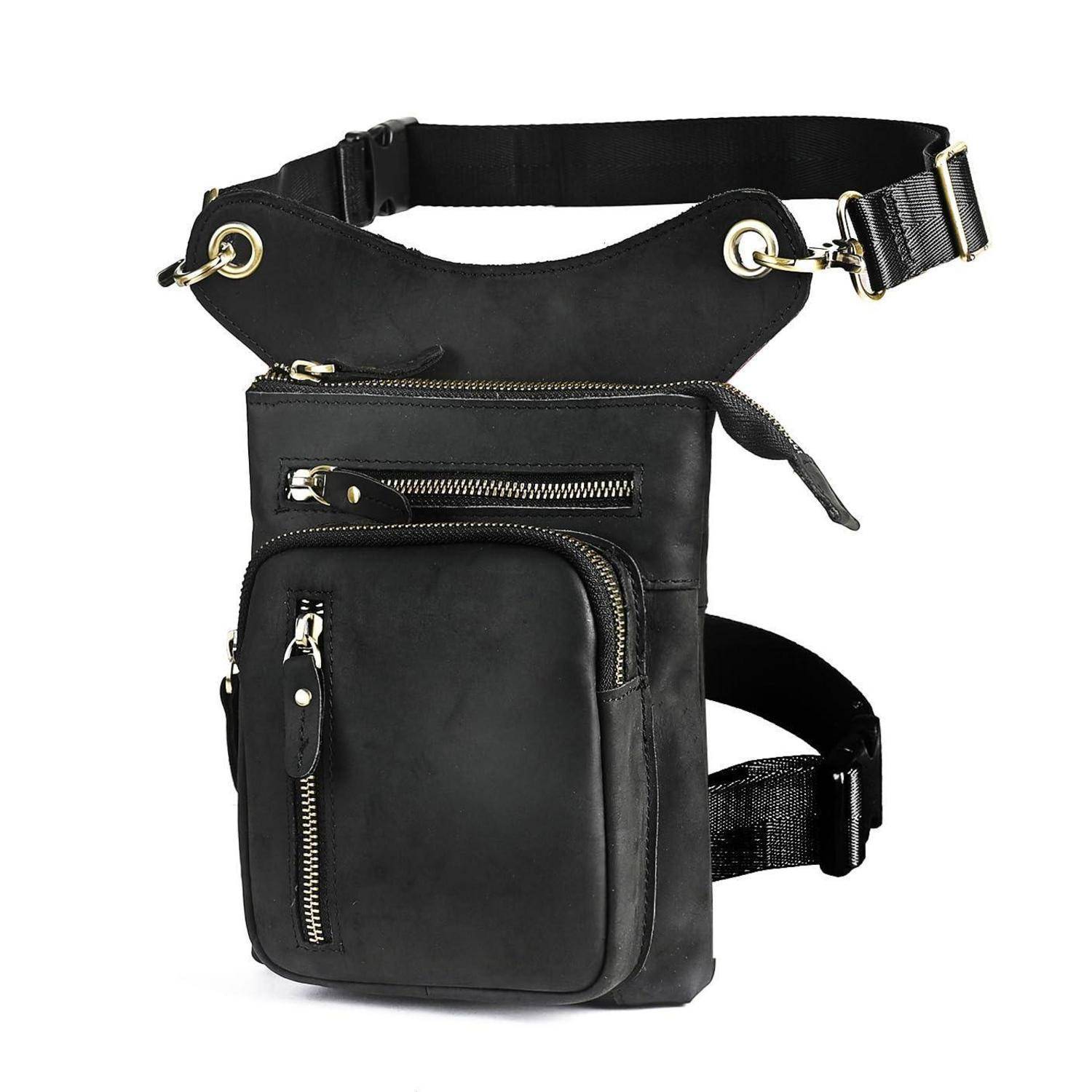 Schwarze Leder-Beinholster-Tasche mit verstellbaren Hüft- und Oberschenkelriemen, vordere Reißverschlusstaschen, auf weißem Hintergrund dargestellt.