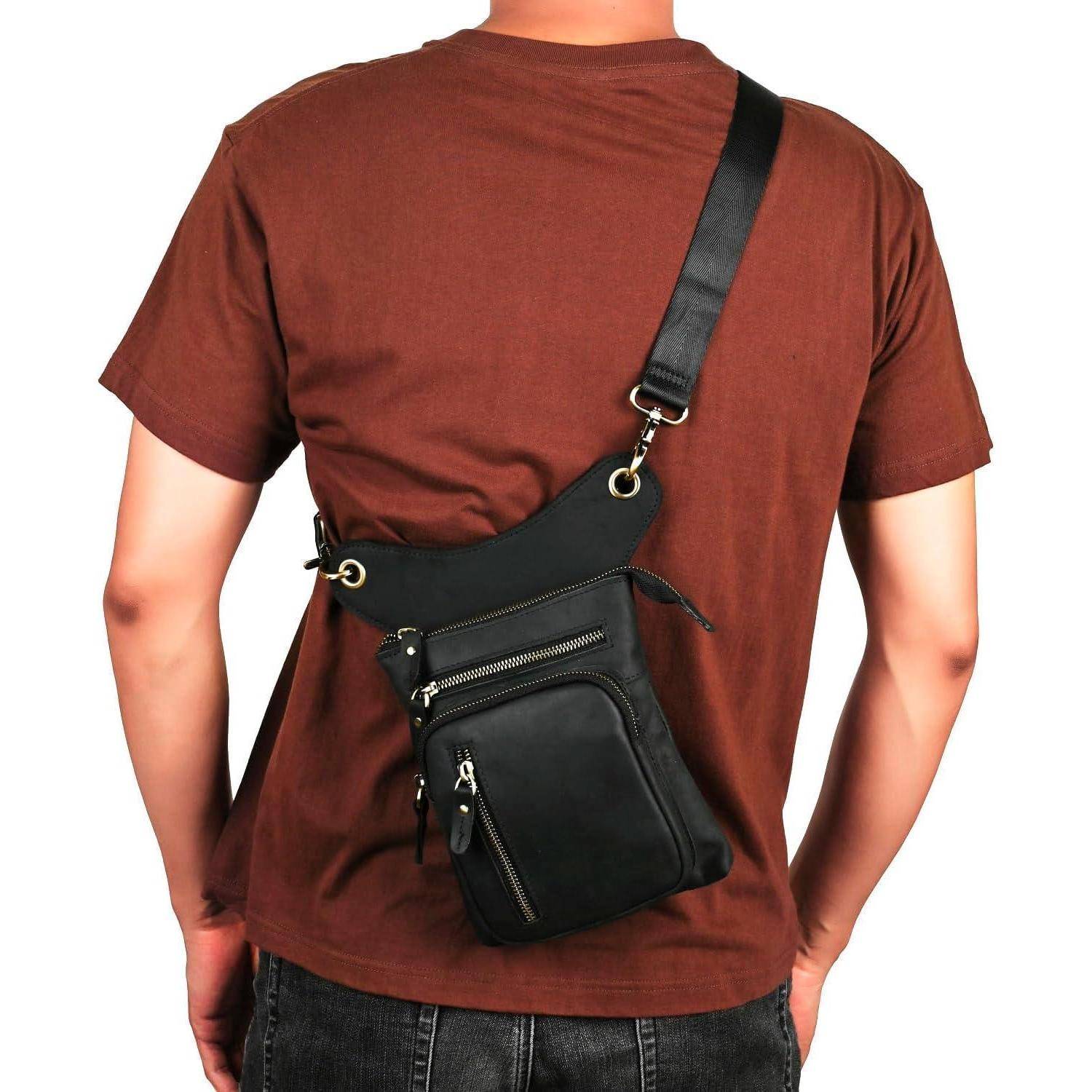 Herren Leder Motorrad Hüfttasche Messenger Drop Leg Bag 211-11 Schwarz
