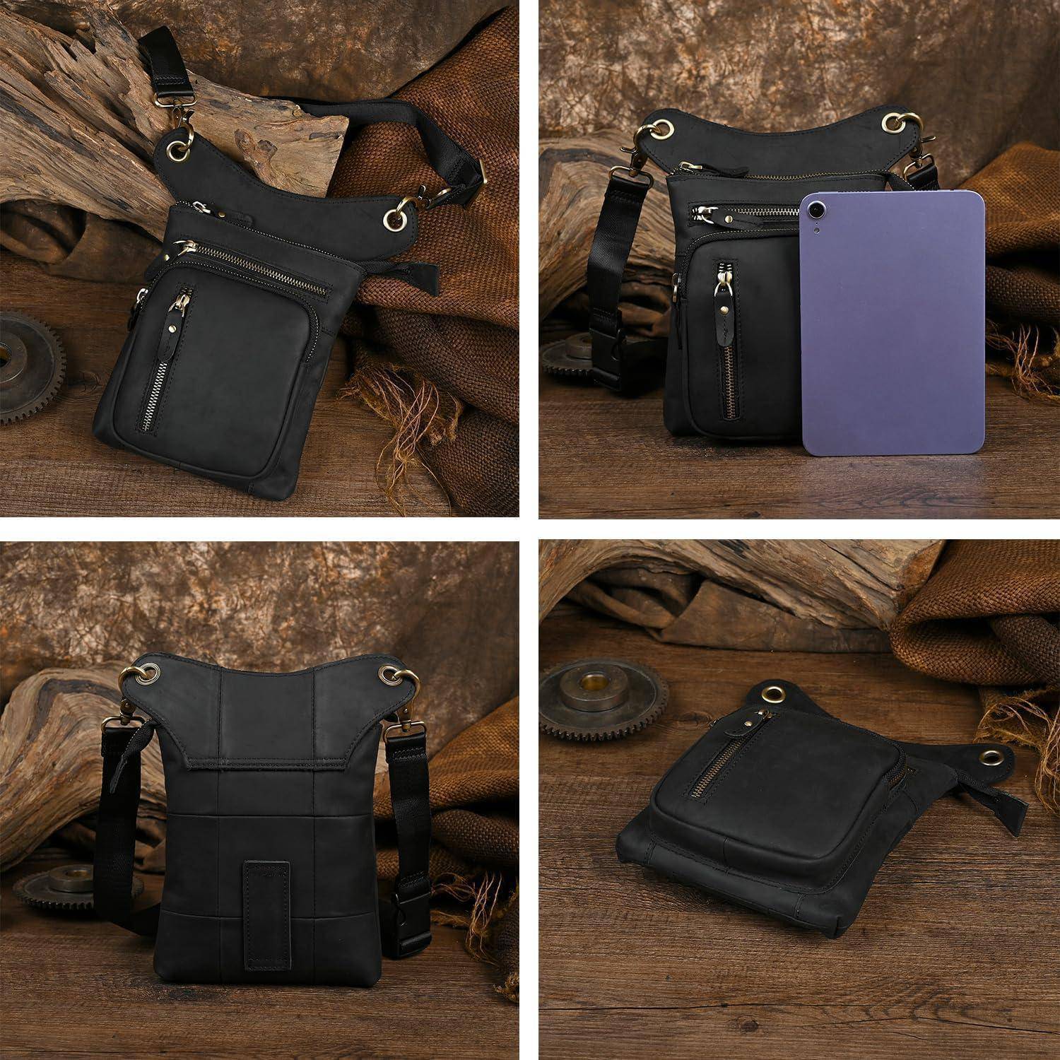 Schwarze Ledertasche zum Umhängen in vier Ansichten, mit vorderer Reißverschlusstasche, verstellbarem Riemen und kompakter Tasche in Tablet-Größe.