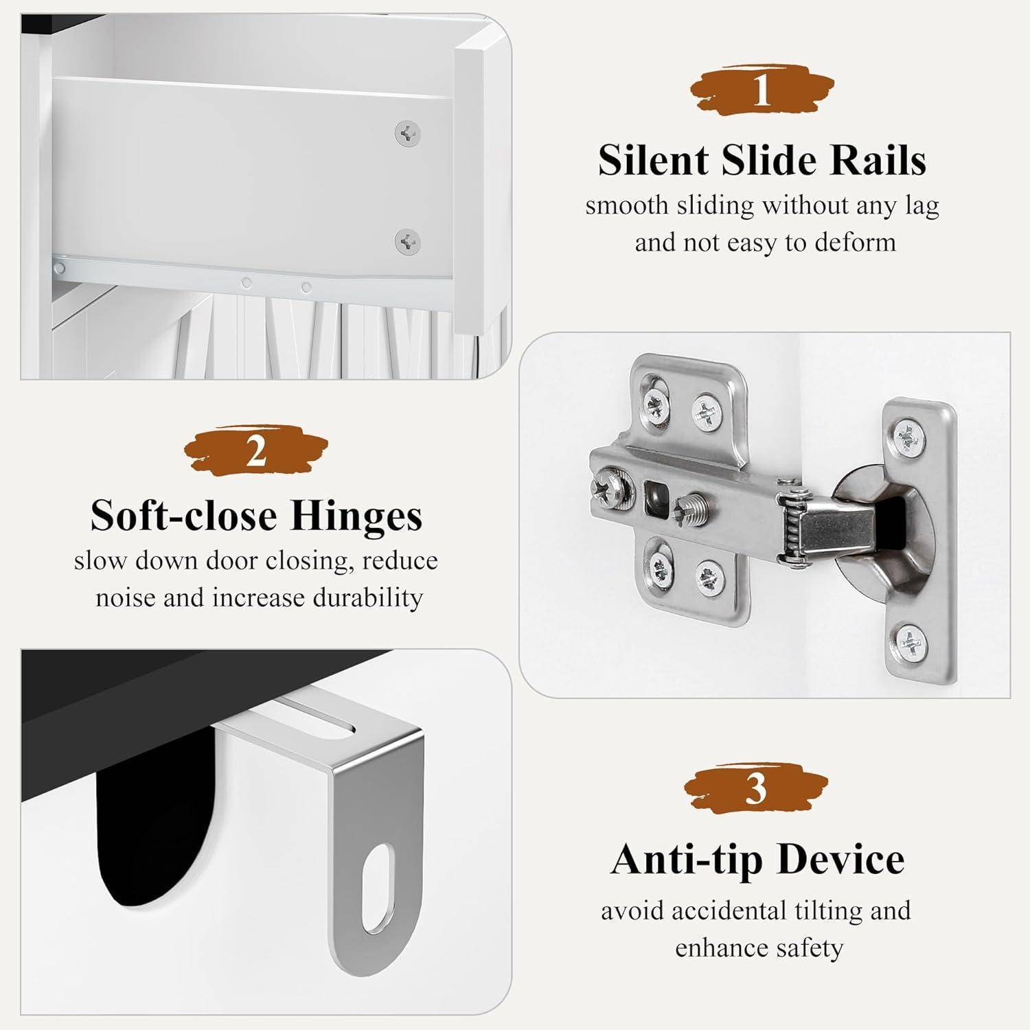 Infografik zu den Merkmalen von Schrankhardware: 1 geräuschlose Schubladenschienen, 2 Soft-Close-Scharniere, 3 Kippschutzvorrichtung, mit Darstellung der Sicherheits- und Haltbarkeitsvorzüge.