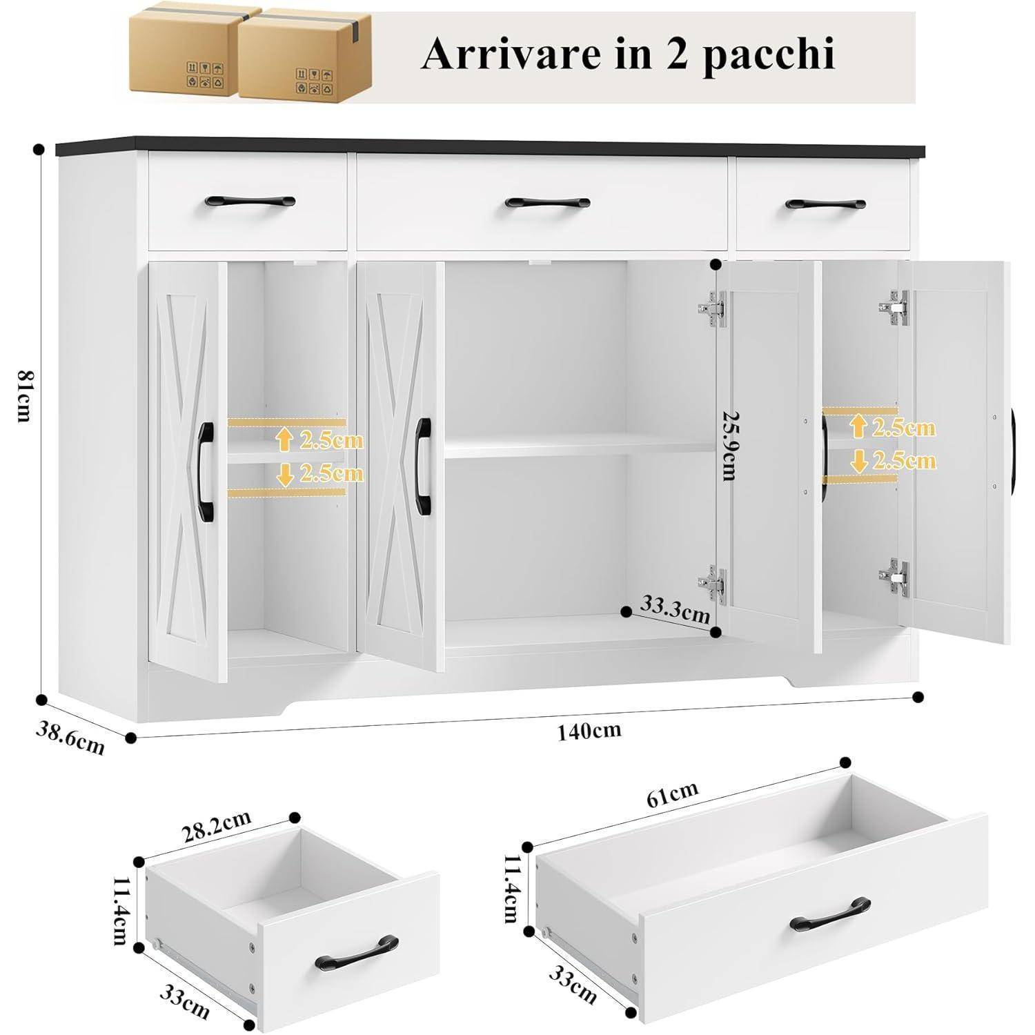 Dimensionszeichnung eines weißen Lagerschranks mit der Beschriftung „Arrivare in 2 pacchi