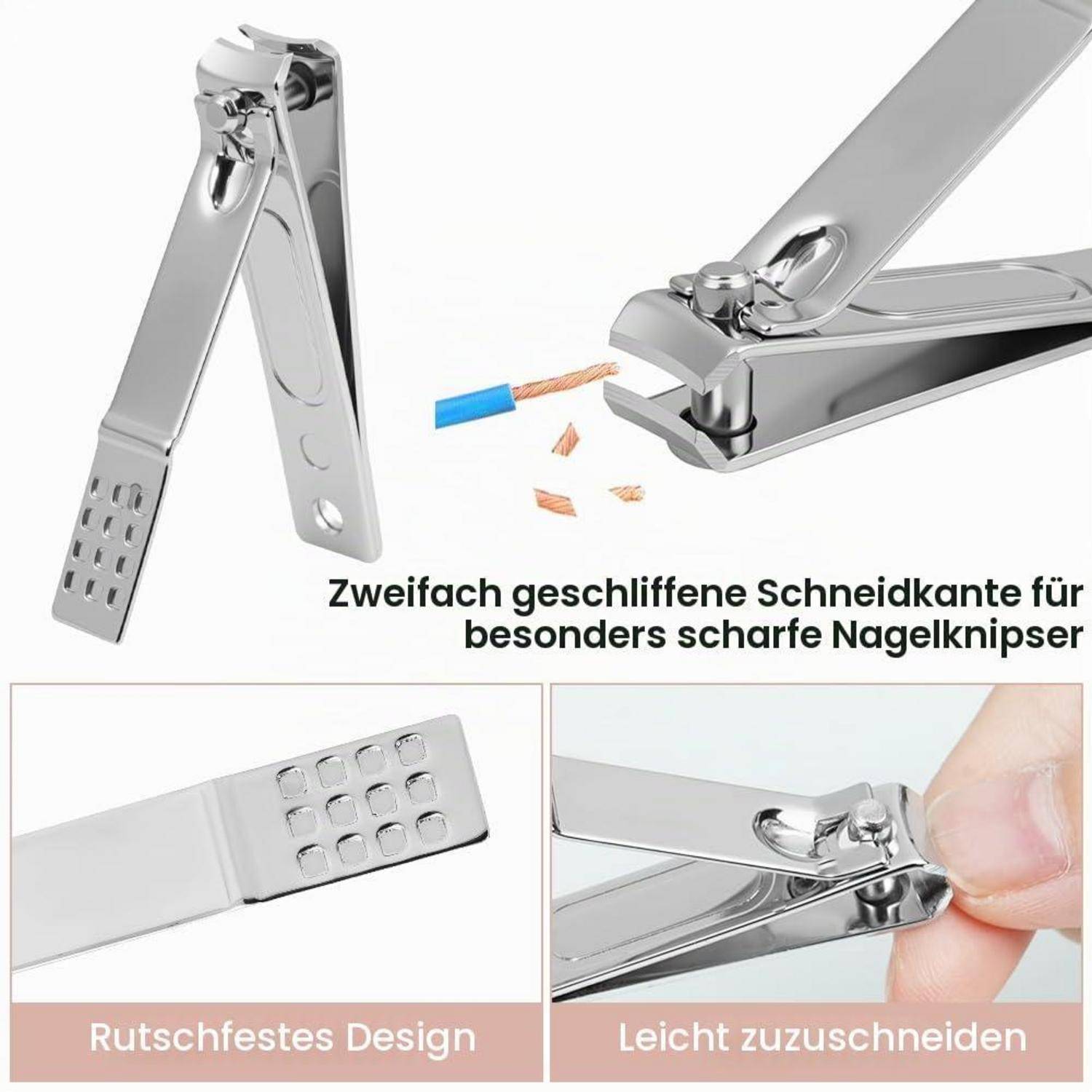 Werbebild einer verchromten Nagelzange mit scharfer doppelt geschliffener Schneidkante, rutschfestem Design und einfachem Schneiden eines Nagels.
