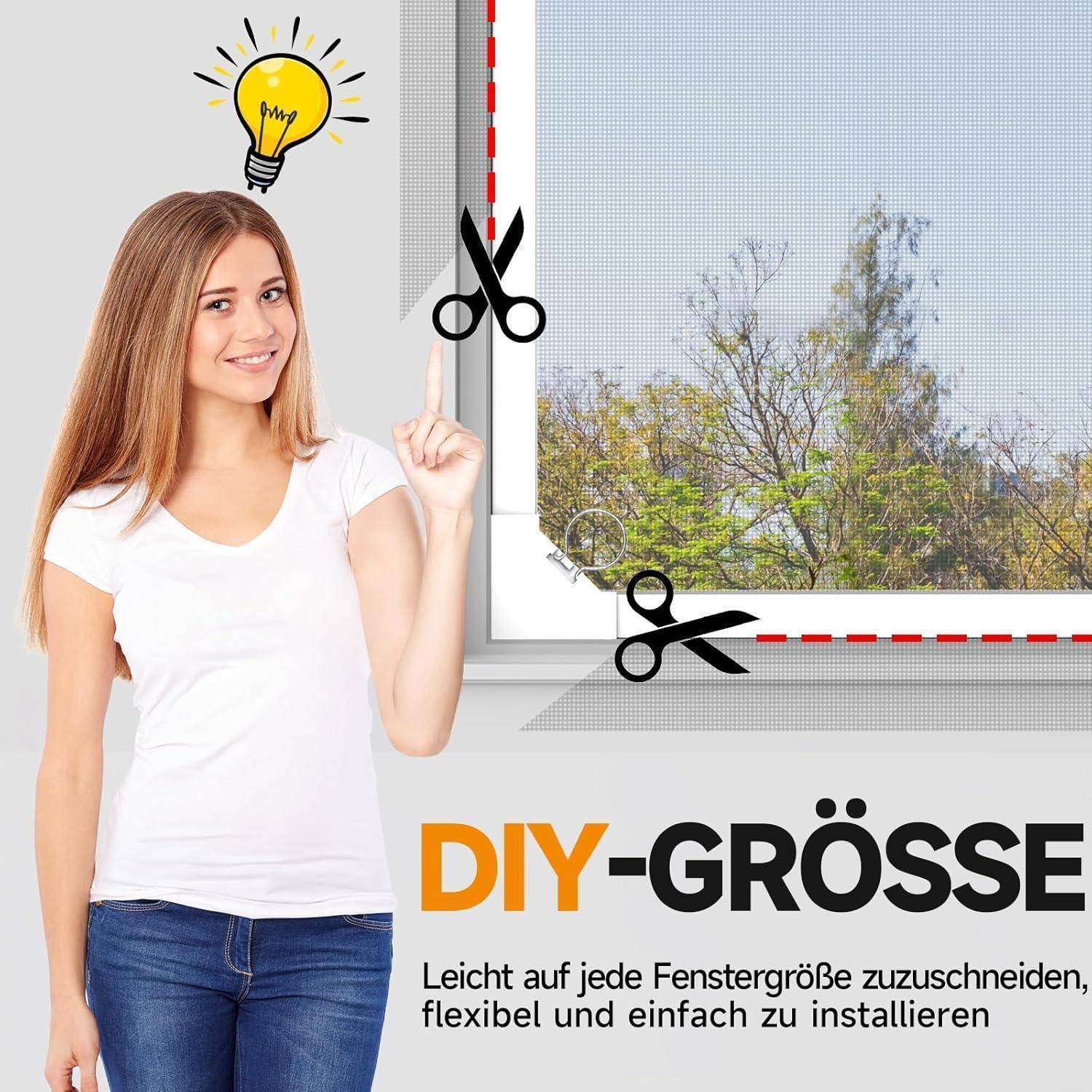 Frau neben einem Fenstersieb-Illustration, die auf eine Glühbirne und Scherengrafik zeigt; deutscher Text liest „DIY-GRÖSSE