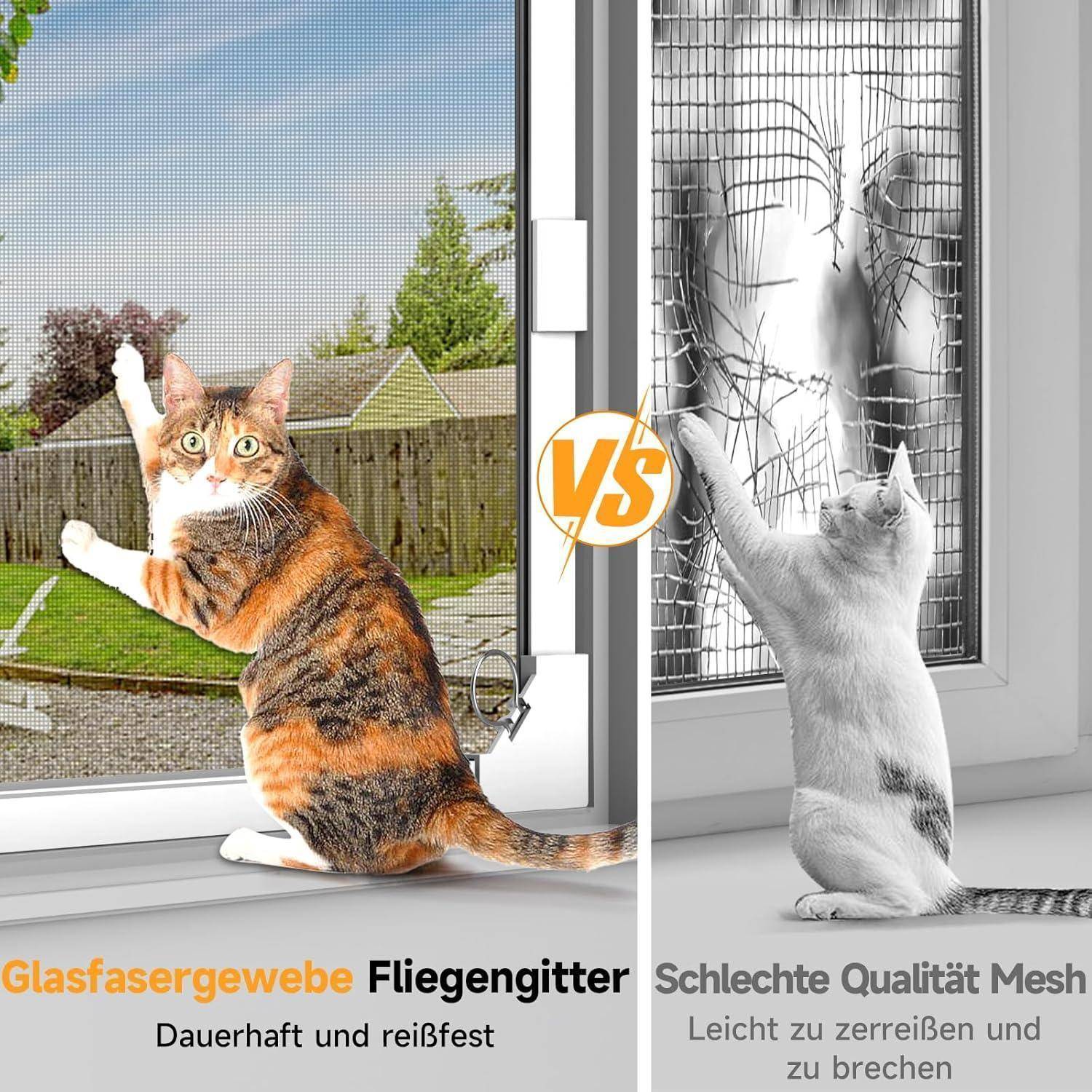 Vergleichswerbung zeigt eine Katze, die an einem Fensterfliegengitter kratzt: links bleibt das 'Glasfasergewebe Fliegengitter' intakt und langlebig; rechts reißt das 'Schlechte Qualität Mesh' leicht ein.