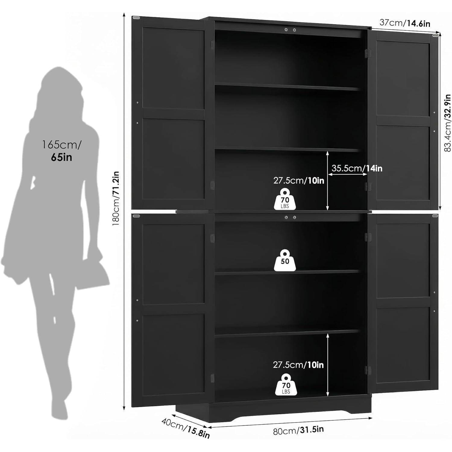 Schwarzer Lagerschrank mit zwei Abschnitten, Türen, Regalen und beschrifteten Abmessungen: 80 x 40 x 180 cm, Person mit 165 cm Körpergröße als Maßstab.