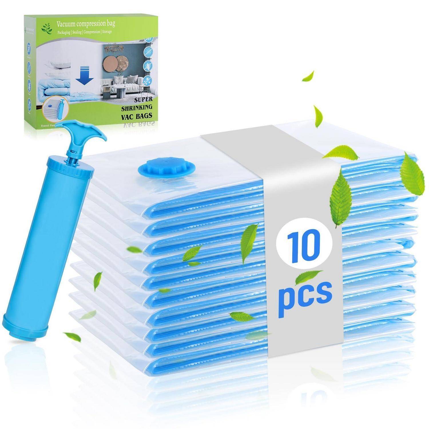 Produktbild von 10 Vakuum-Kompressionslagerungsbeuteln mit einer Handpumpe und kleiner Verpackungsbox, gezeigt in durchsichtiger Kunststoffverpackung.