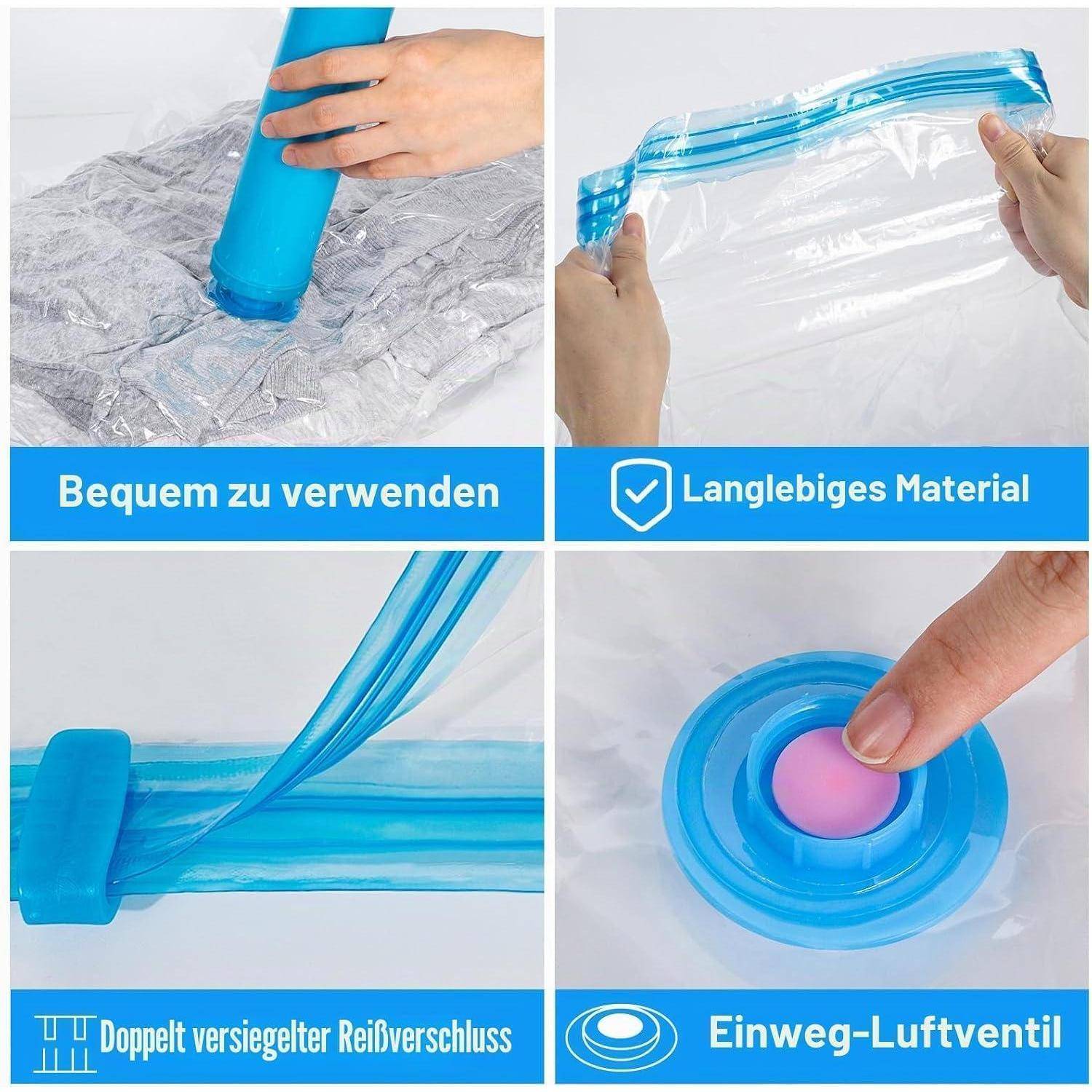 Vierteiliger Anzeige für einen blauen aufblasbaren Beutel oder Kissen: einfach zu bedienen, langlebiges Material, doppelt versiegelter Reißverschluss und Einwegventil.