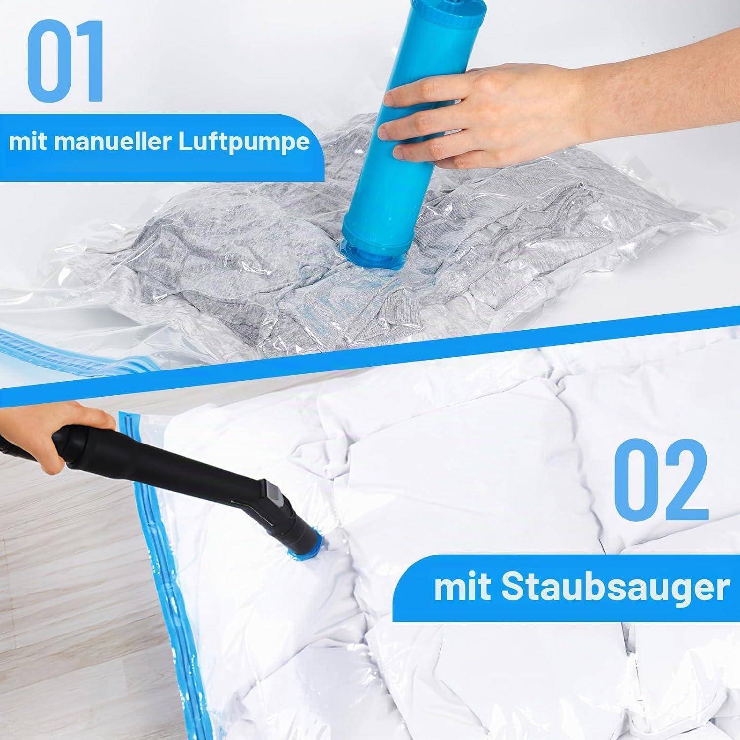 Split image zeigt zwei Vakuum-Siegelmethoden für einen Beutel: '01 mit manueller Luftpumpe' und '02 mit Staubsauger'.