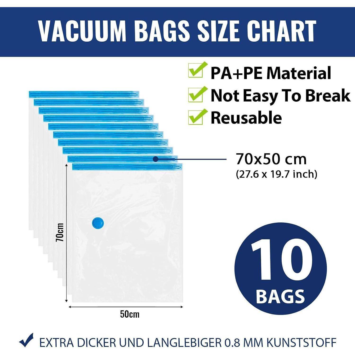 Vakuumbeutel Größentabelle mit 10 wiederverwendbaren PA+PE-Beuteln, 70x50 cm (27,6 x 19,7 Zoll), extra dickes 0,8 mm Kunststoff.