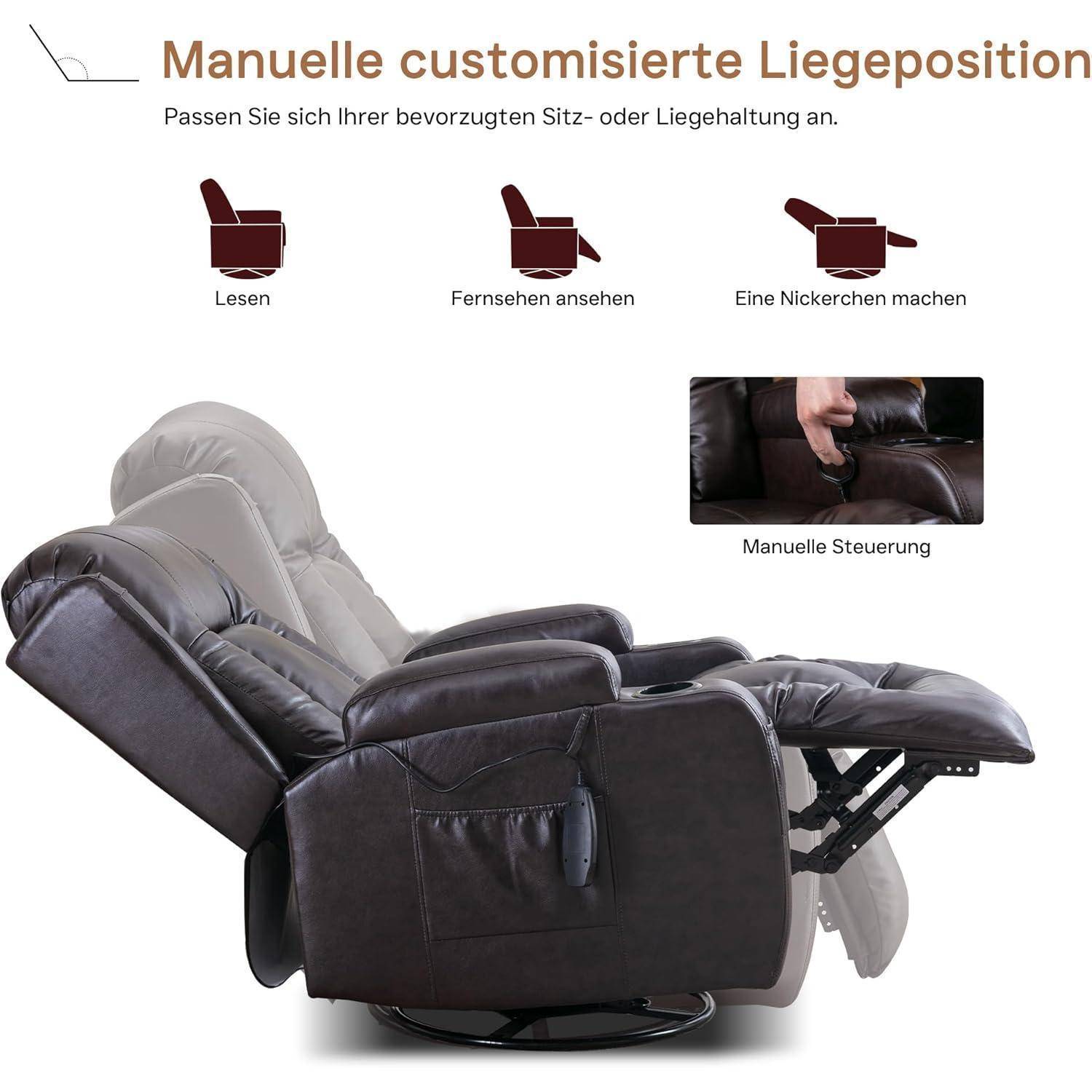 Manuell anpassbare Liegeposition mit Positionen zum Lesen, Fernsehen, Nickerchen machen und manueller Steuerung.