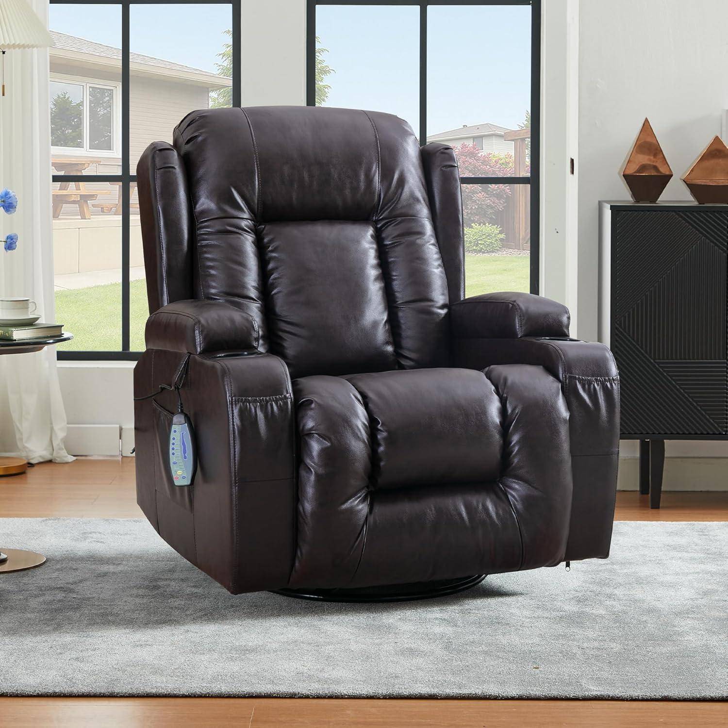 Schwarzer Ledersessel mit Relaxfunktion, zentral in einem hellen Wohnzimmer positioniert, auf einem grauen Teppich neben großen Fenstern.