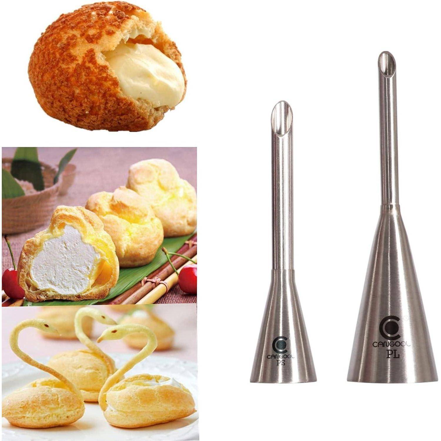 Zwei Metallgebäckspritzdüsen neben Fotos von Windbeuteln und gefüllten Gebäckstücken, die zeigen, wie man Creme in Brandteigkugeln spritzt.