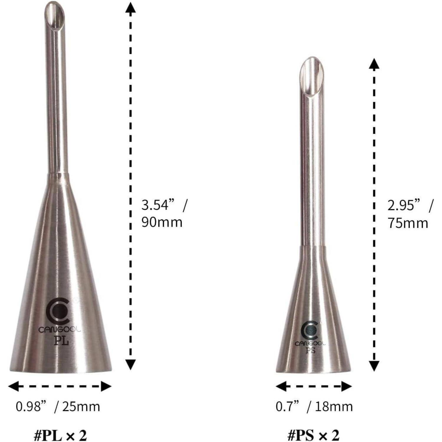 Vergleichsbild von zwei Edelstahl-Kolbenwerkzeugen: PL x2, 3,54 Zoll/90 mm hoch und 0,98 Zoll/25 mm breit; PS x2, 2,95 Zoll/75 mm hoch und 0,7 Zoll/18 mm breit.