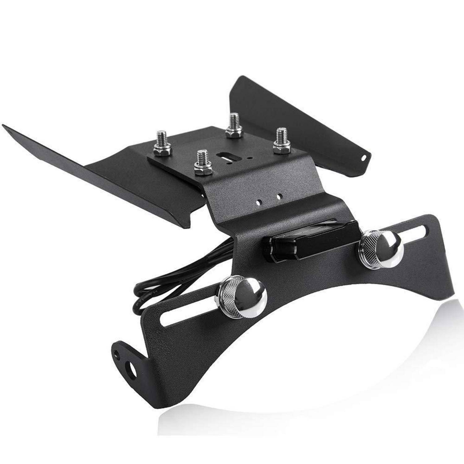 Schwarzes Metall-Verstellbaugruppe mit Bolzen, Seiteneinfassungen und schlitziger Grundplatte zum Befestigen eines Geräts oder Zubehörs.