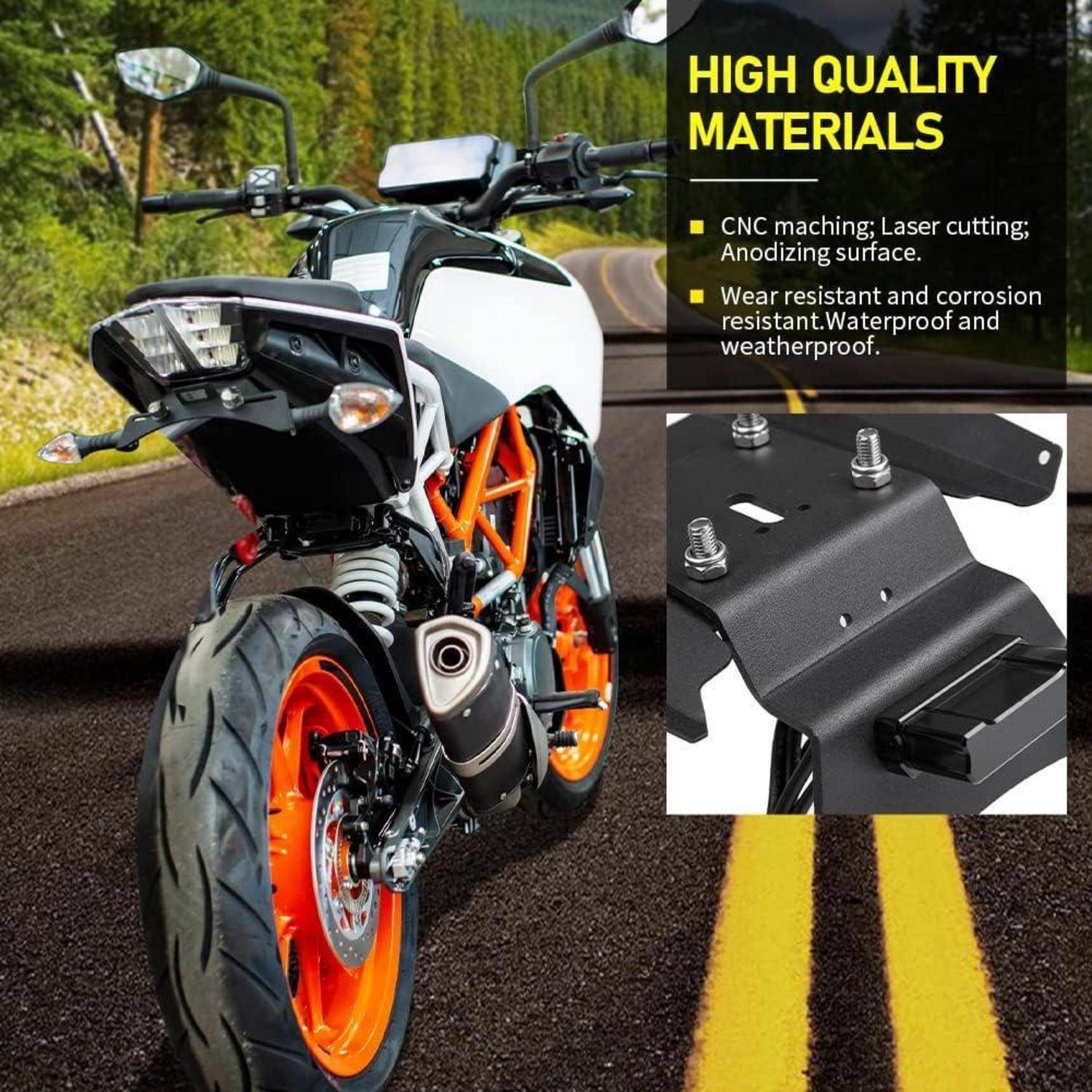 Schwarz-oranges Sportmotorrad auf einer Straße, mit einer Produkteinblendung, die 
