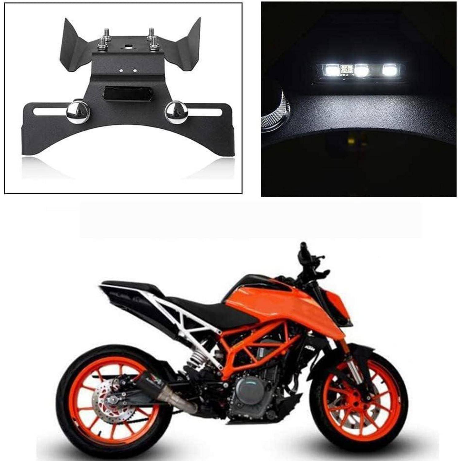 Orange- und schwarzes Sportmotorrad mit Heckschutzblech-Halterung und eingebautem LED-Kennzeichenleuchte in Nahaufnahme gezeigt.