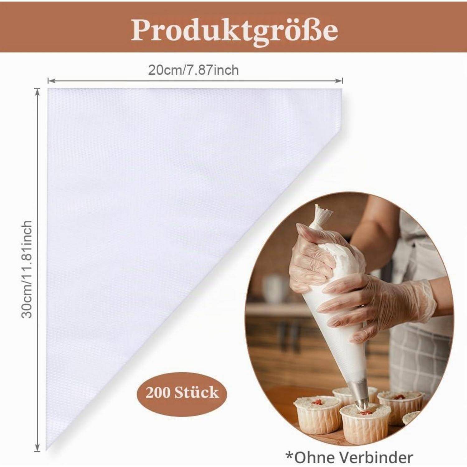 Produktgrößendiagramm für Spritzbeutel: 20 cm breit, 30 cm lang, Packung mit 200 Stück, mit Foto von Cupcakes mit Spritzglasur und Hinweis „Ohne Verbinder