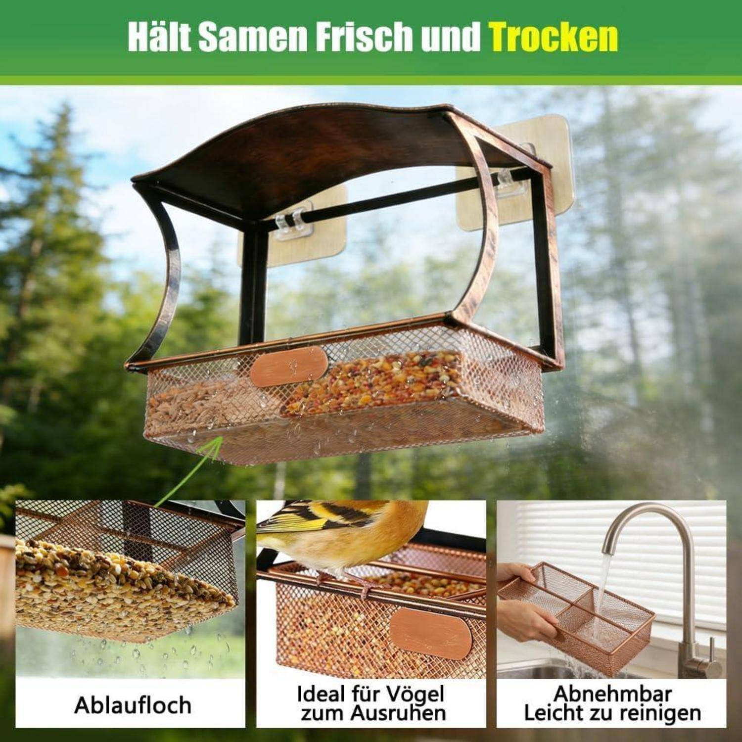 Vogelfutterhäuschen mit abgedecktem Tablett hält Samen frisch und trocken; Nahaufnahmen zeigen Ablaufloch, einfachen Vogelvutzgang und abnehmbare Teile zur Reinigung.