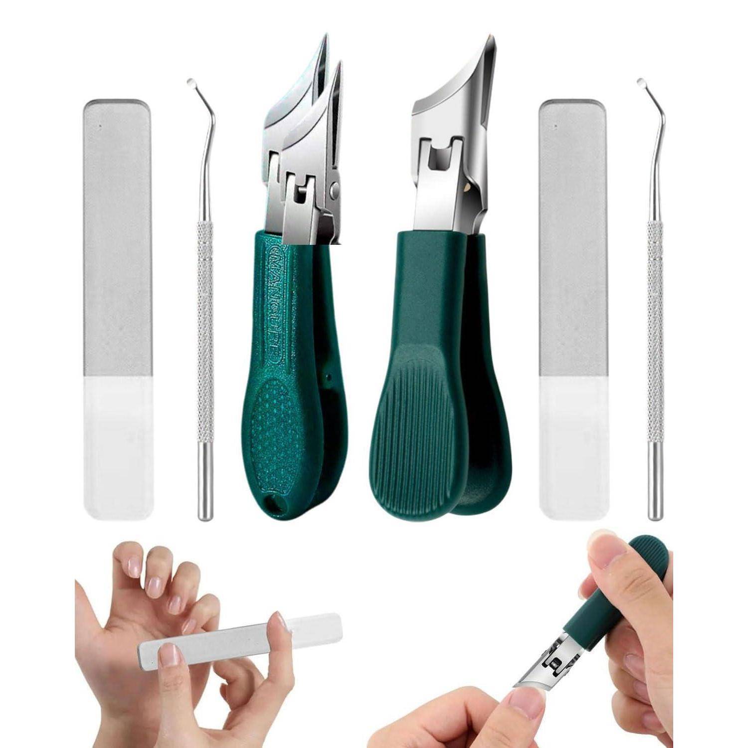 Nagelpflege-Set mit zwei grüngriffigen Nagelknipsern, zwei Metall-Nagelhautwerkzeugen und vier Nagelfeilen; die unteren Fotos zeigen die Anwendung der Feile und der Knipser an den Nägeln.