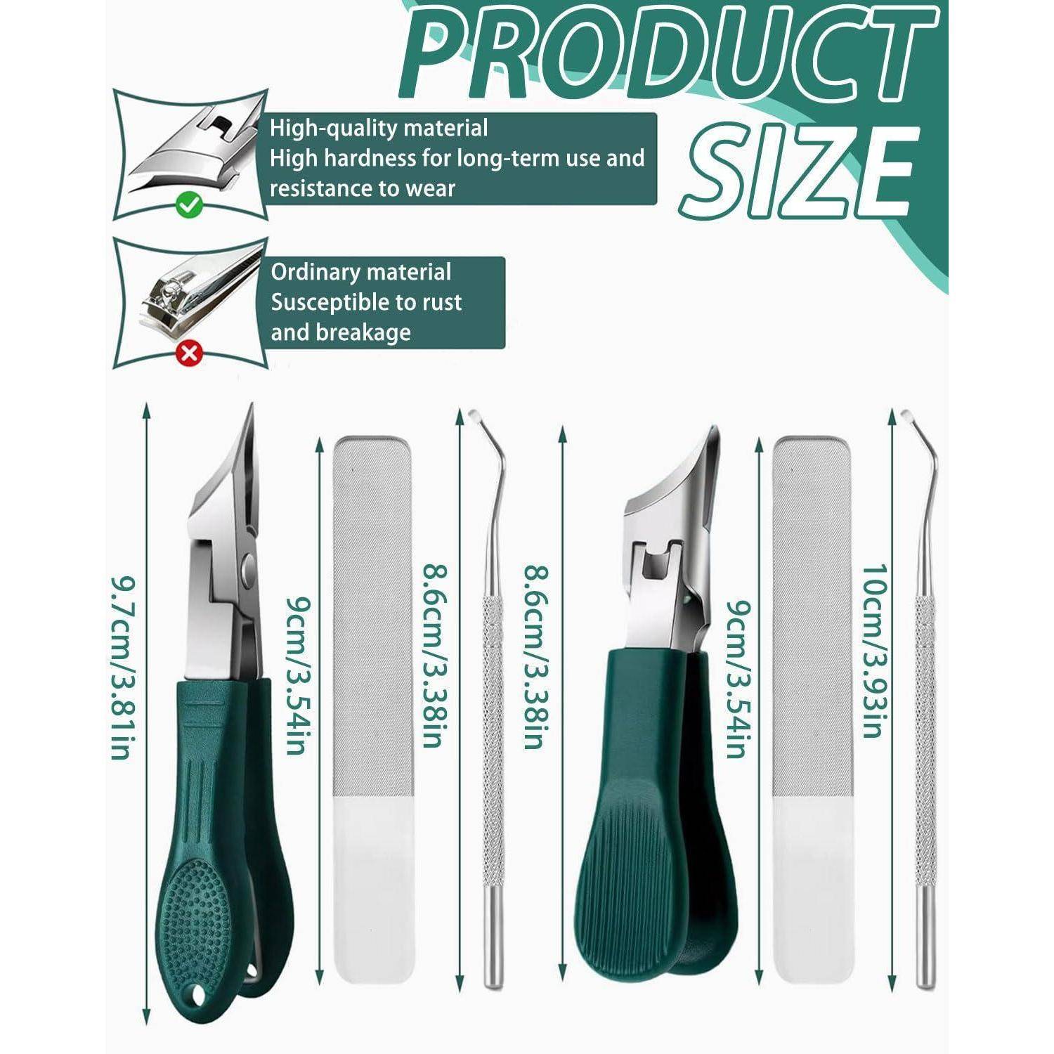 # Produktgrößenvergleich-Infografik für ein Nagelknipserset mit zwei Knipsern und Feilen mit beschrifteten Abmessungen in cm und Zoll.