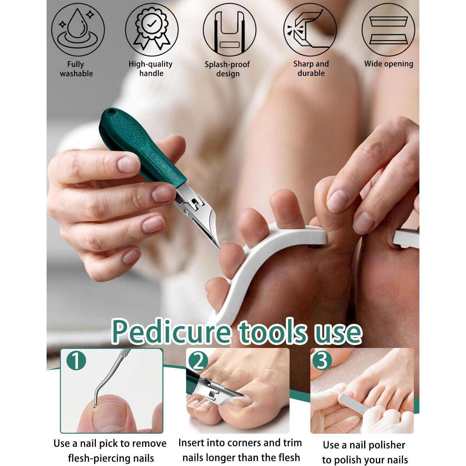 Anleitung zur Verwendung von Pediküre-Werkzeugen mit Nagelreiniger, Eckenfeile und Polieraufsatz; Merkmale sind vollständig waschbar, ergonomischer Griff, spritzwassergeschützt, scharf und breite Öffnung.