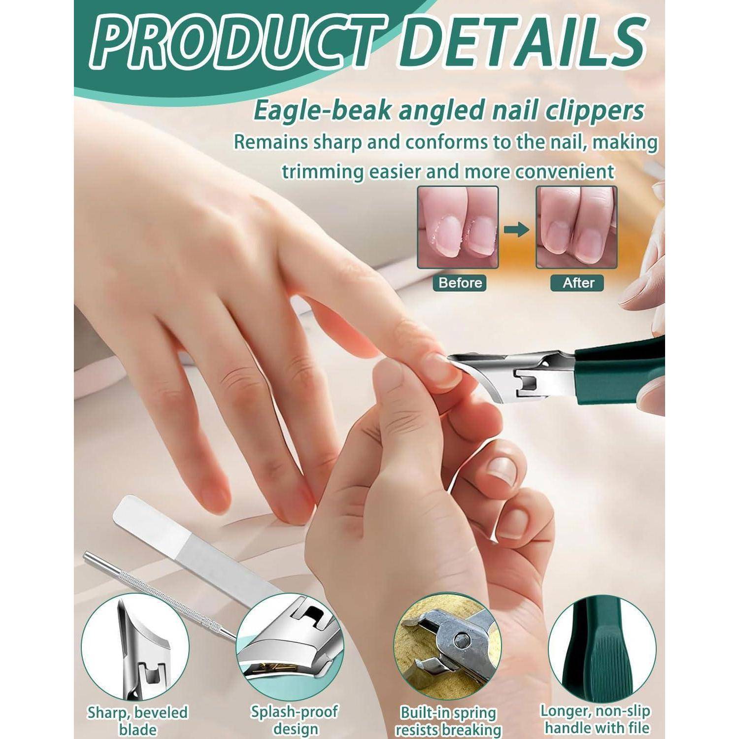 Produktdetails für Nagelknipser mit Adlerschnabel-Winkelform mit Vorher-Nachher-Darstellung des Nageltrimmens, mit Beschriftungen für scharfe abgeschrägte Klingen, spritzwassergeschütztes Design, eingebaute Feder und rutschfester Griff.
