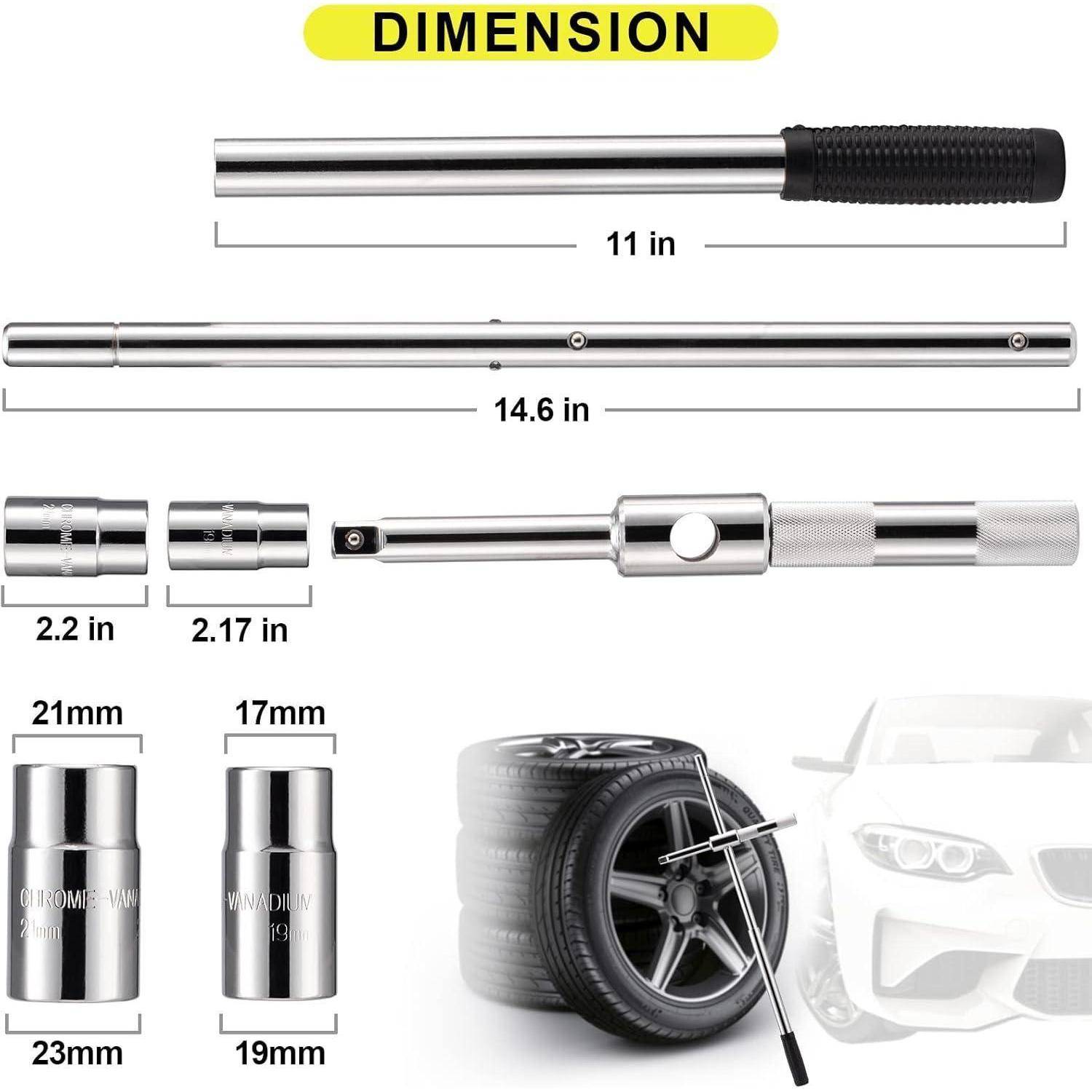 Dimensionsdiagramm mit einem Reifendruckmessgerät-Set mit Pumpenrohr und Sockeladaptern, aufgelistet mit Längen 11 Zoll, 14,6 Zoll, 2,2 Zoll, 2,17 Zoll, 21 mm, 17 mm, 23 mm und 19 mm.