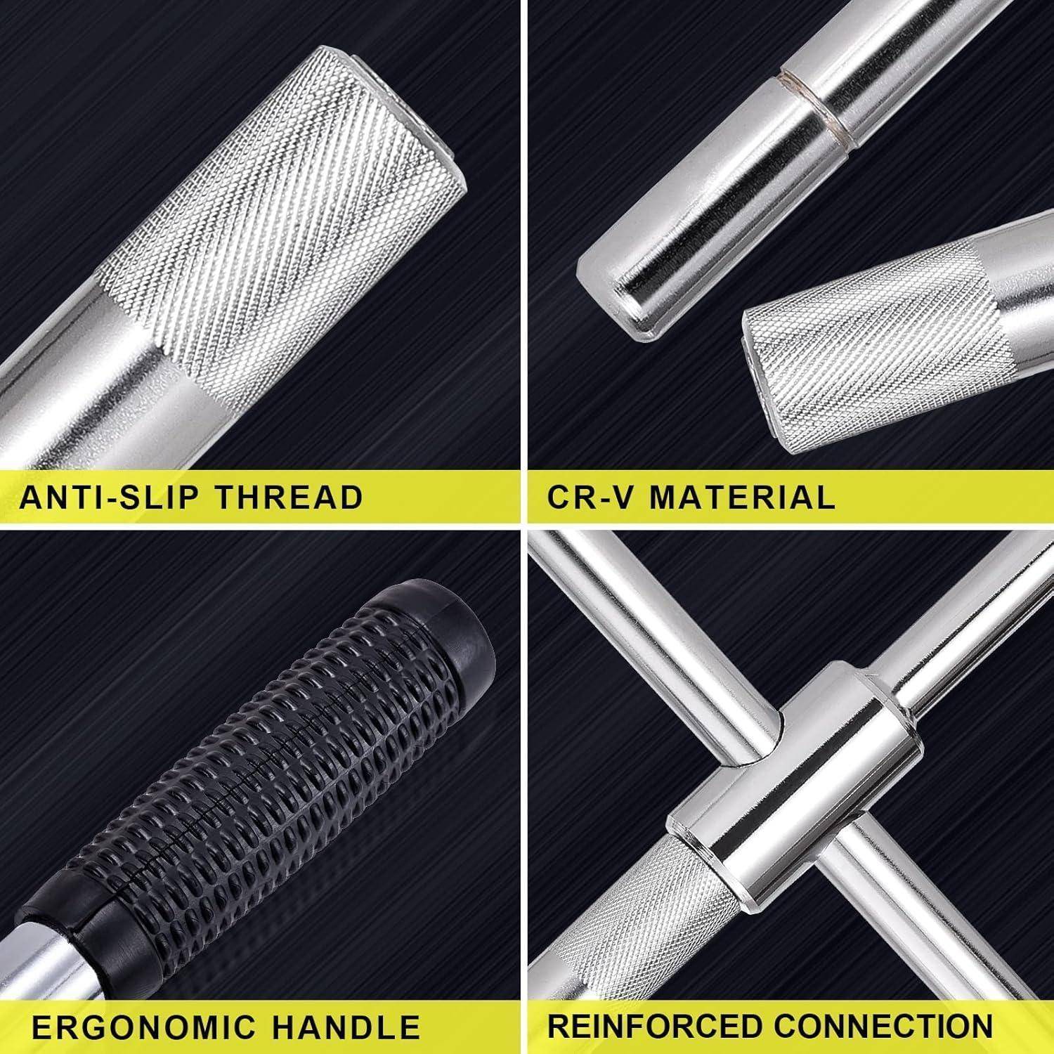 Vierfach-Produktgrafik eines silbernen Werkzeuggriffs mit rutschfestem Gewinde, CR-V-Material, ergonomischem Griff und verstärkter Verbindung.