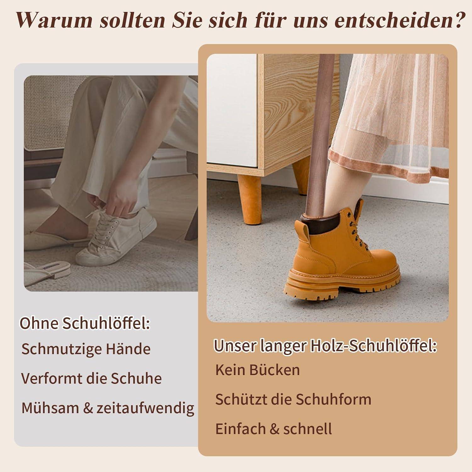 Warum uns wählen? Links zeigt Schwierigkeiten, einen Schuh ohne Schuhanzieher anzuziehen, rechts zeigt die Verwendung eines langen Holzschuhanzieher mit Vorteilen: kein Bücken, erhält die Schuhform, einfach und schnell.