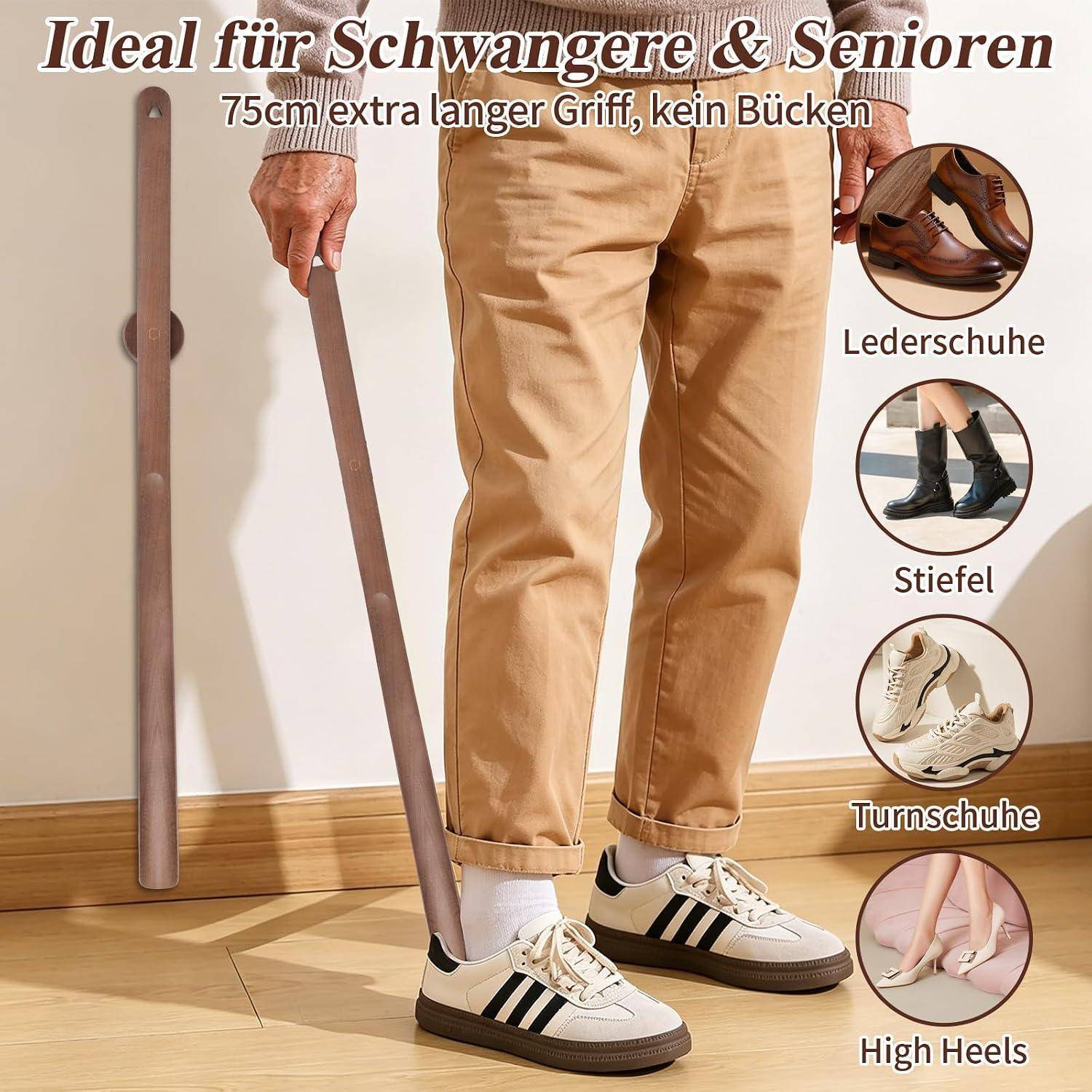 Person mit langem Schuhlöffel und Schuhen; deutscher Text besagt „Ideal für Schwangere & Senioren