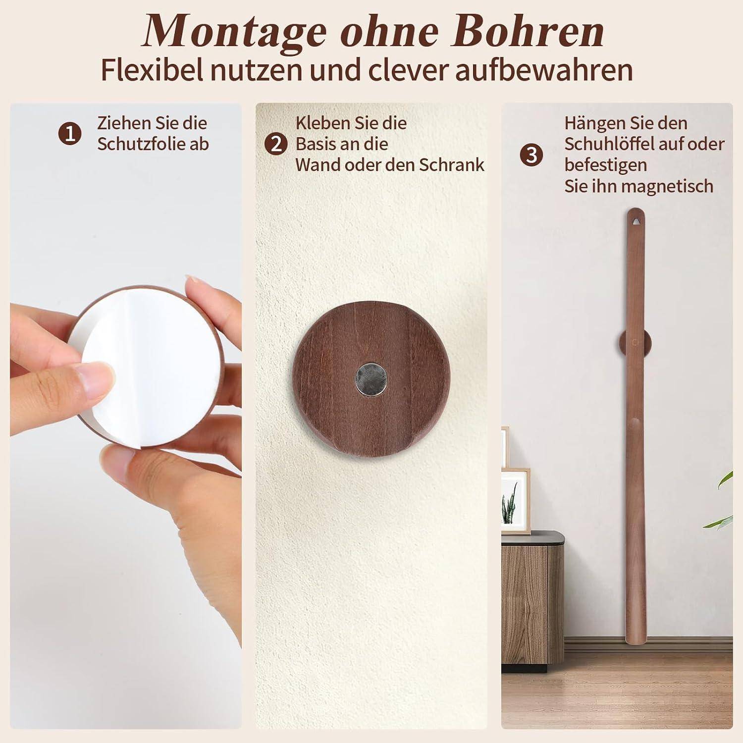 Schuhlöffel 75cm Holz Walnuss-Optik mit Wandhalterung magnetisch